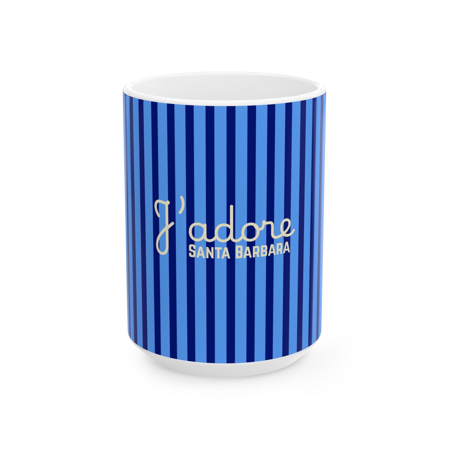 A white ceramic mug featuring a blue and navy vertical stripe pattern on the exterior, with 'I adore SANTA BARBARA' printed in white script and sans-serif fonts on the front.