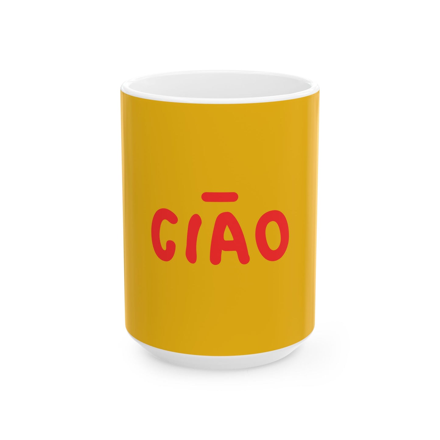 Yellow mug with red 'CIA×O' text on a white background