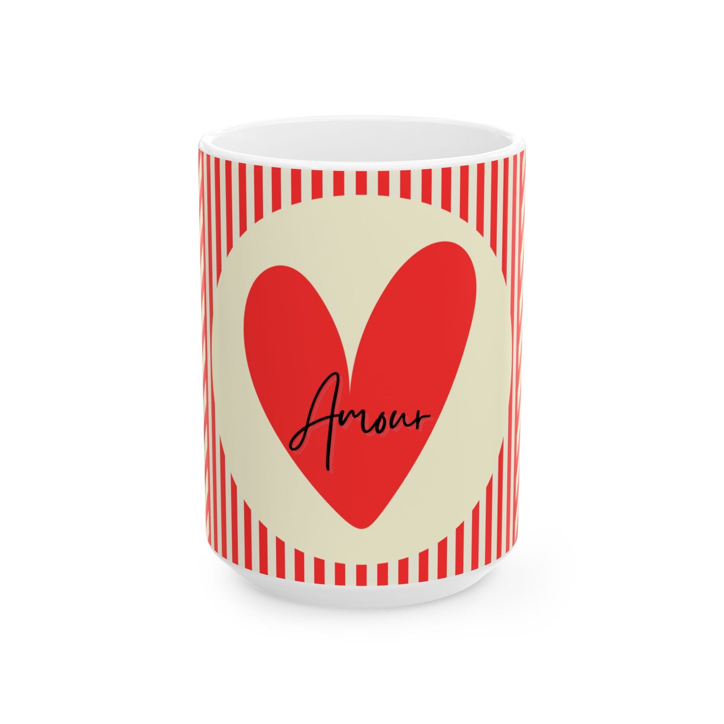 Mug with red heart and 'Amour' text on a white background