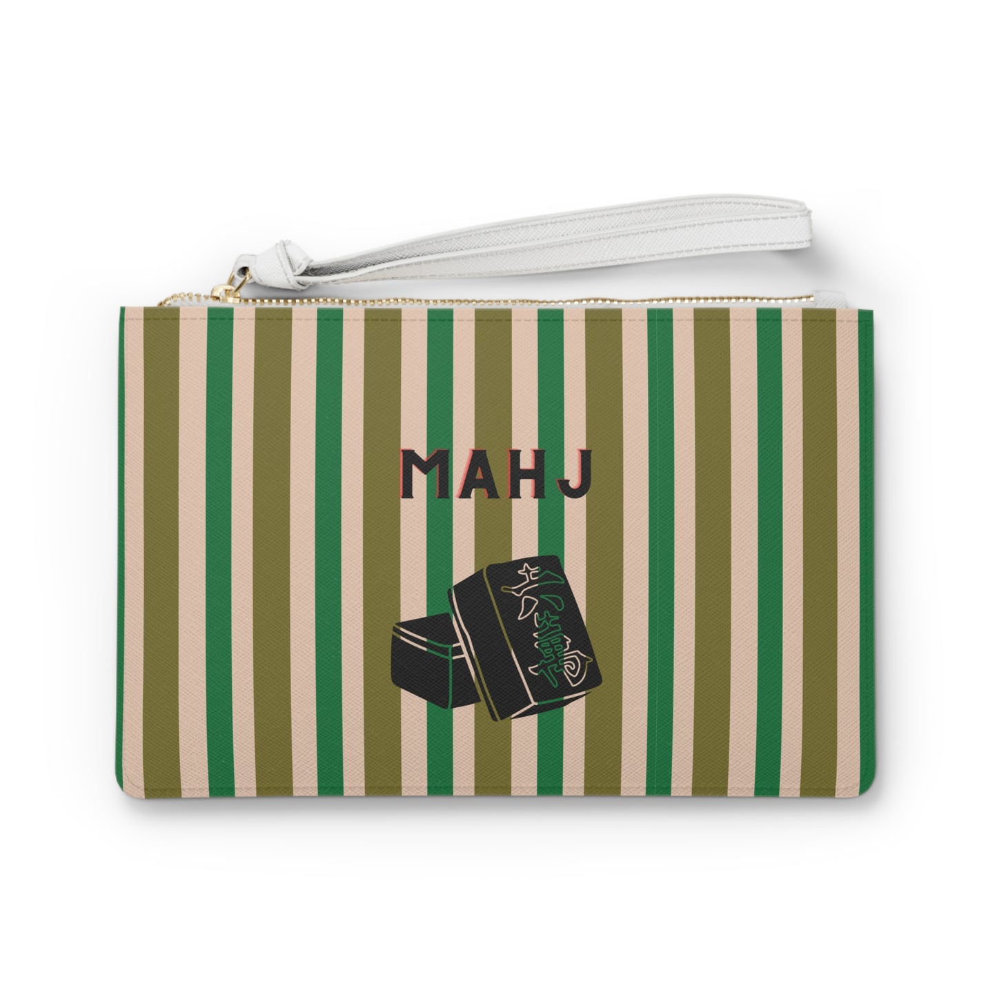 A rectangular wristlet pouch with vertical olive green and beige stripes, featuring a white wrist strap and a gold zipper. The front has a graphic of mahjong tiles with the text 'MAHJ' printed above.