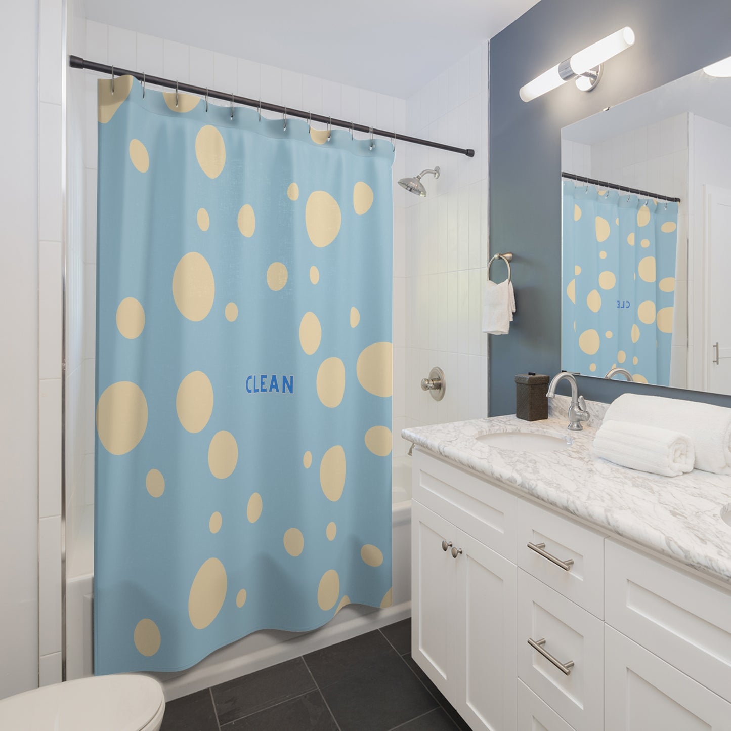 Clean Blue Bubble Shower Curtain — Playful Kid's Bathroom Décor