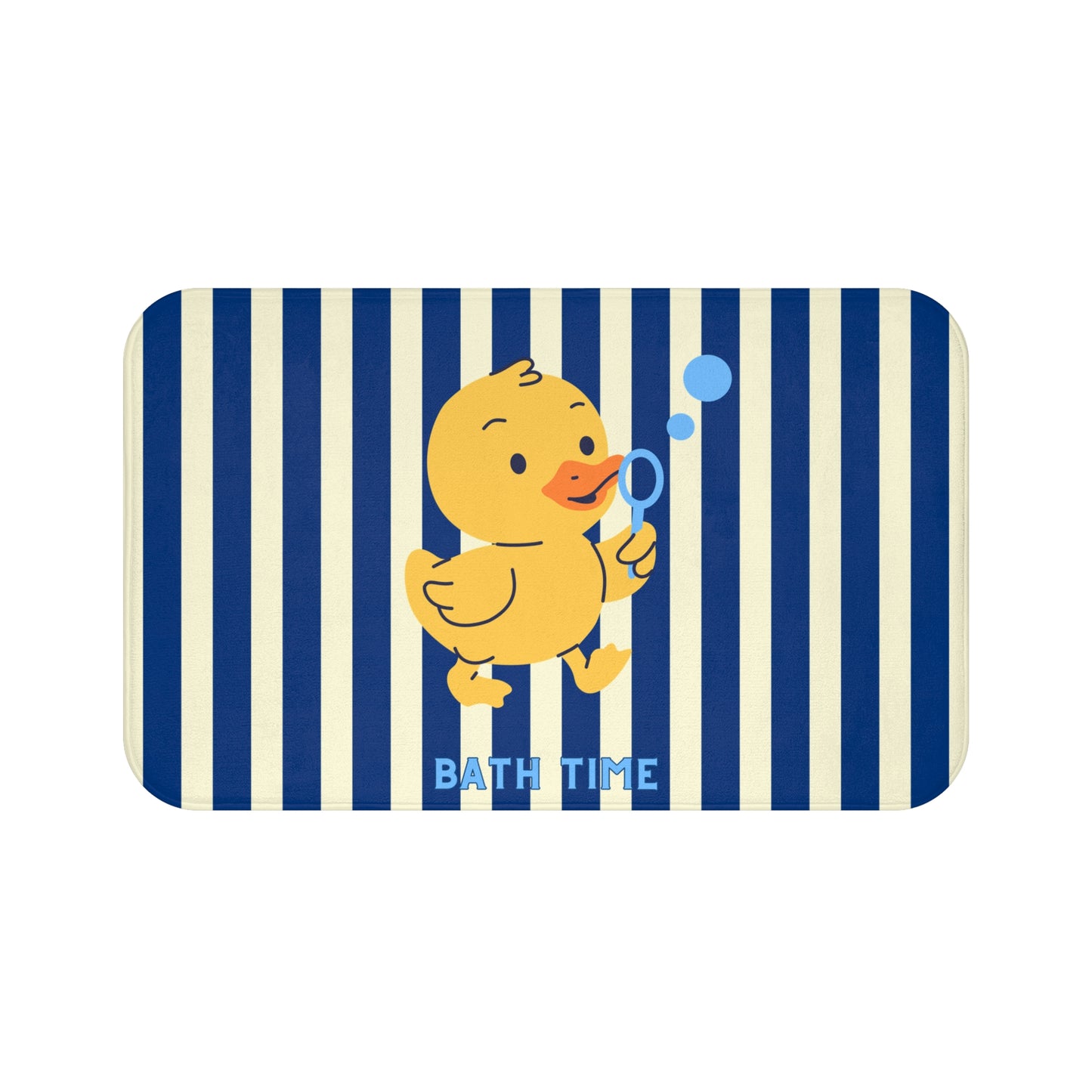 A rectangular bath mat with rounded corners featuring a navy blue and cream vertical stripe pattern, a cartoon yellow duck holding a blue bubble wand, and the words 'BATH TIME' in light blue at the bottom.