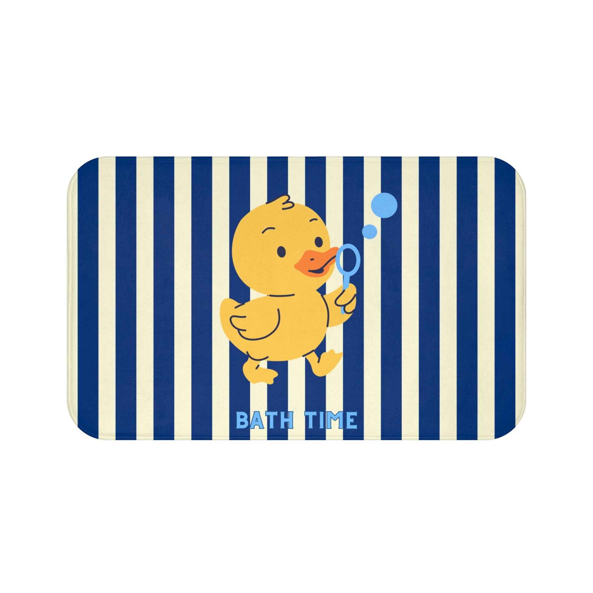 A rectangular bath mat with rounded corners featuring a navy blue and cream vertical stripe pattern, a cartoon yellow duck holding a blue bubble wand, and the words 'BATH TIME' in light blue at the bottom.