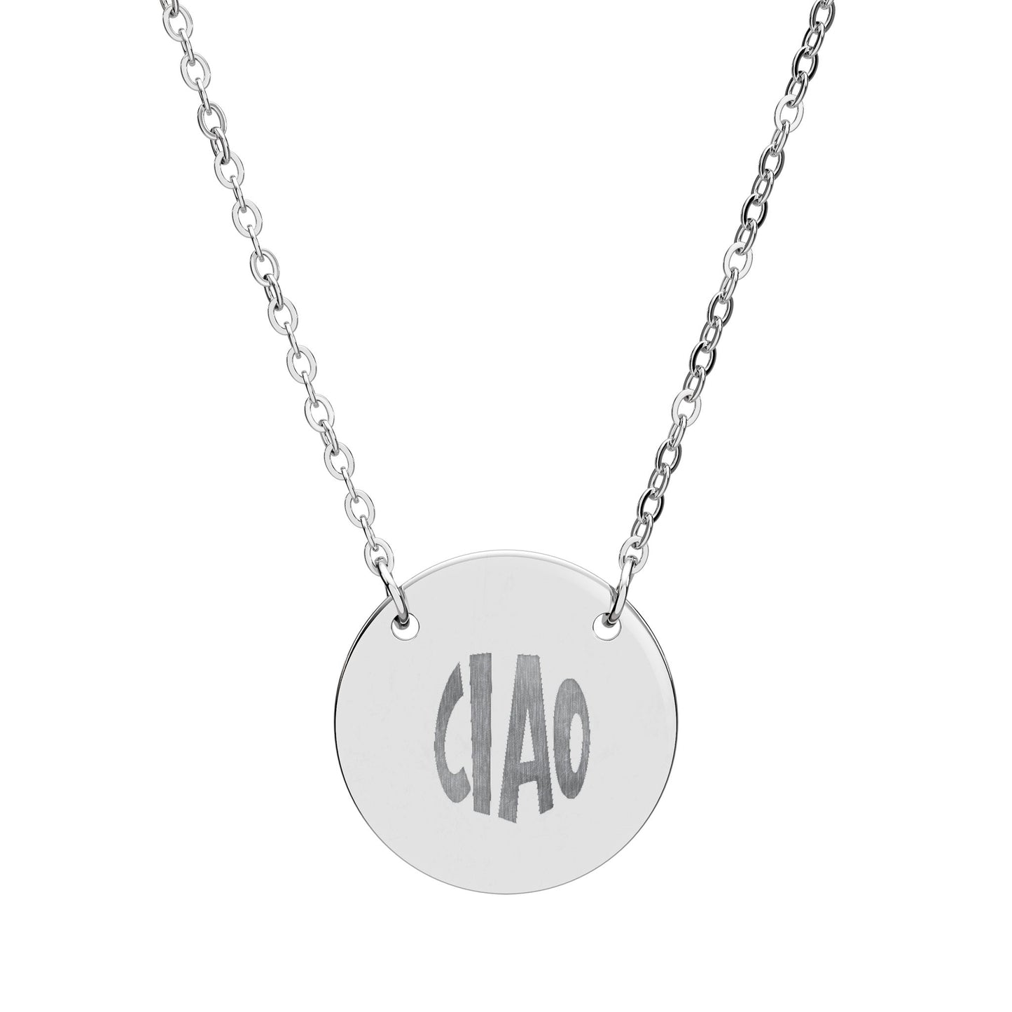Silver necklace with a round pendant featuring a dragon design on a white background