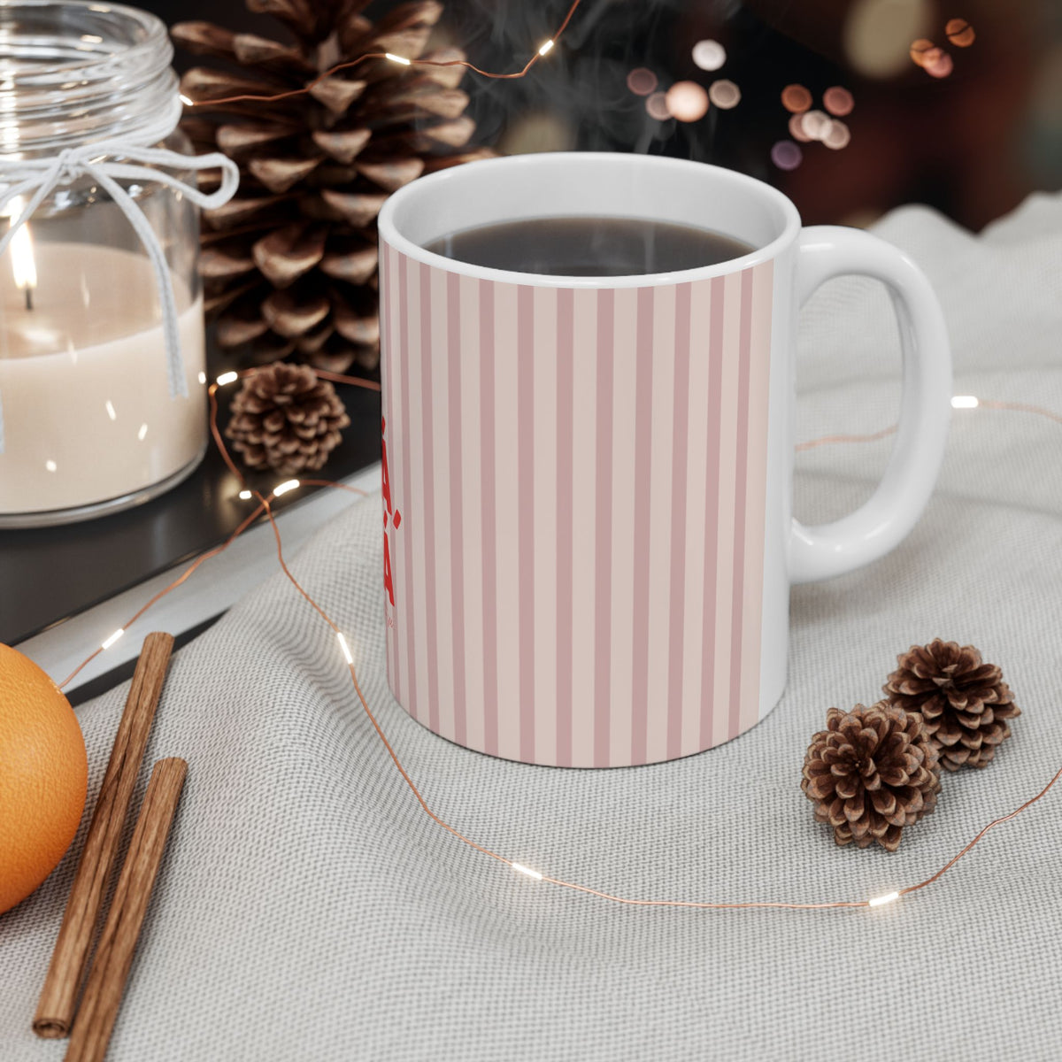 Que Será, Será Ceramic Coffee Mug – Pink Striped Inspirational Tea Cup (11oz/15oz)