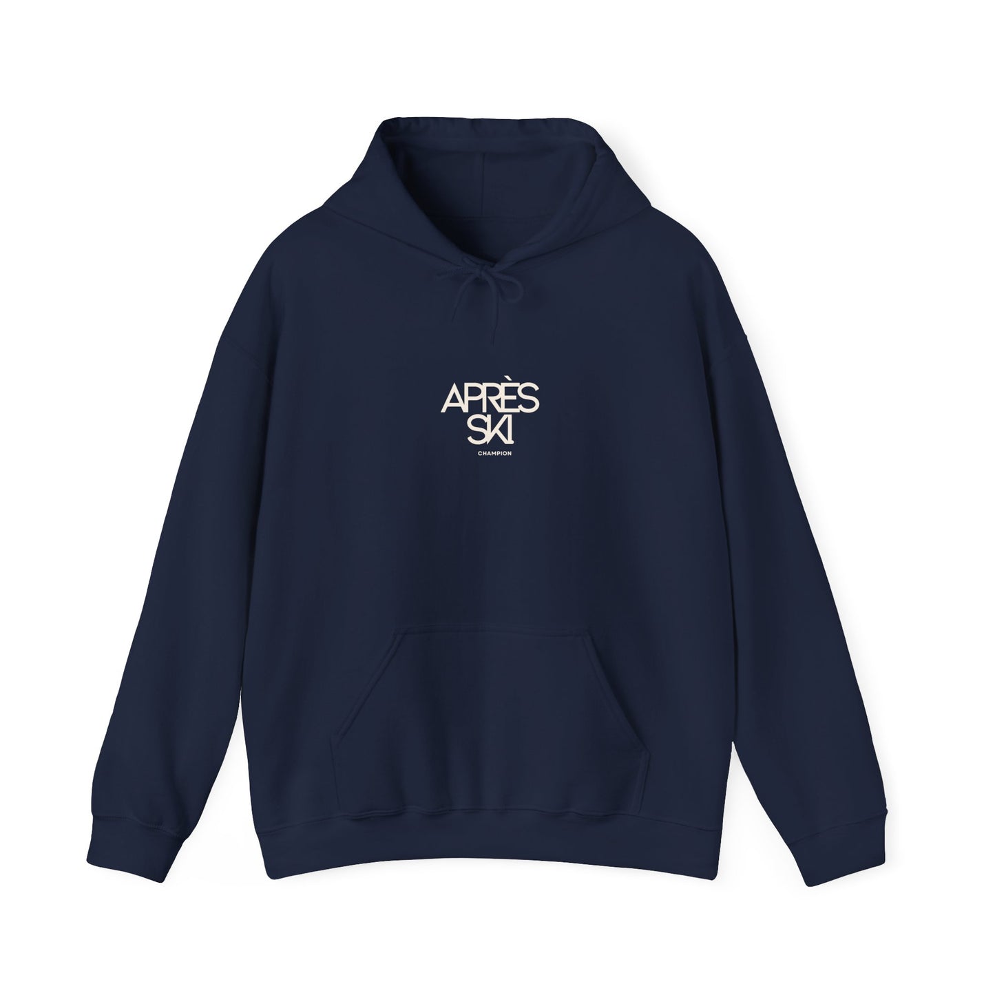 Navy blue hoodie with 'APRèS SKI' logo on a white background