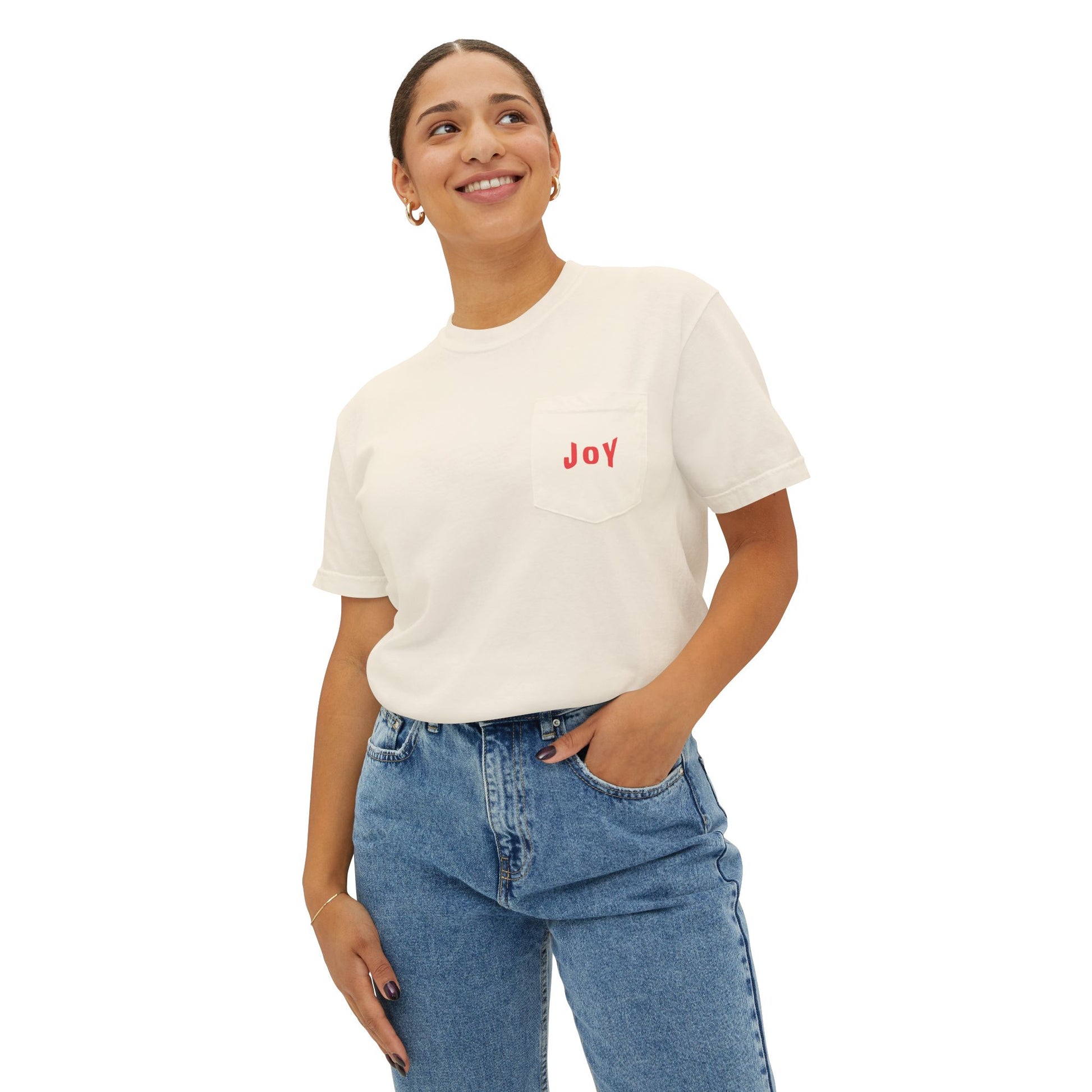 Woman wearing a white t-shirt with 'JOY' printed in red and blue jeans on a white background
