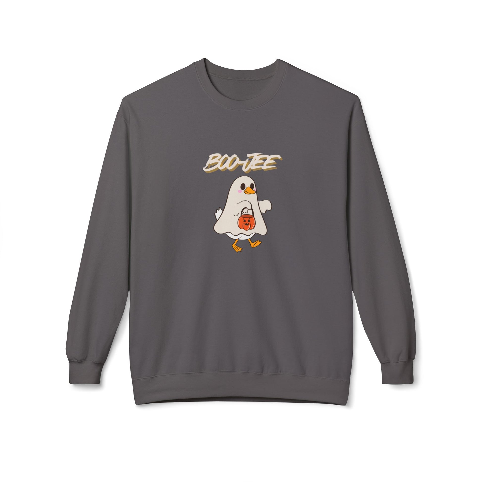 Gray sweatshirt with a ghost graphic and 'BOO-EE' text on a white background