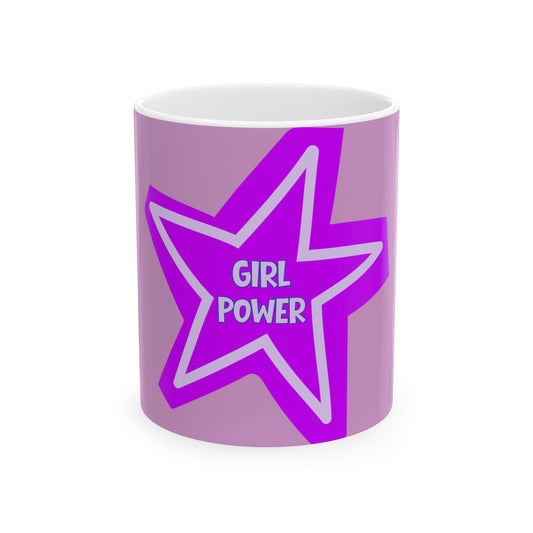 Mug with a purple star and 'Girl Power' text on a white background