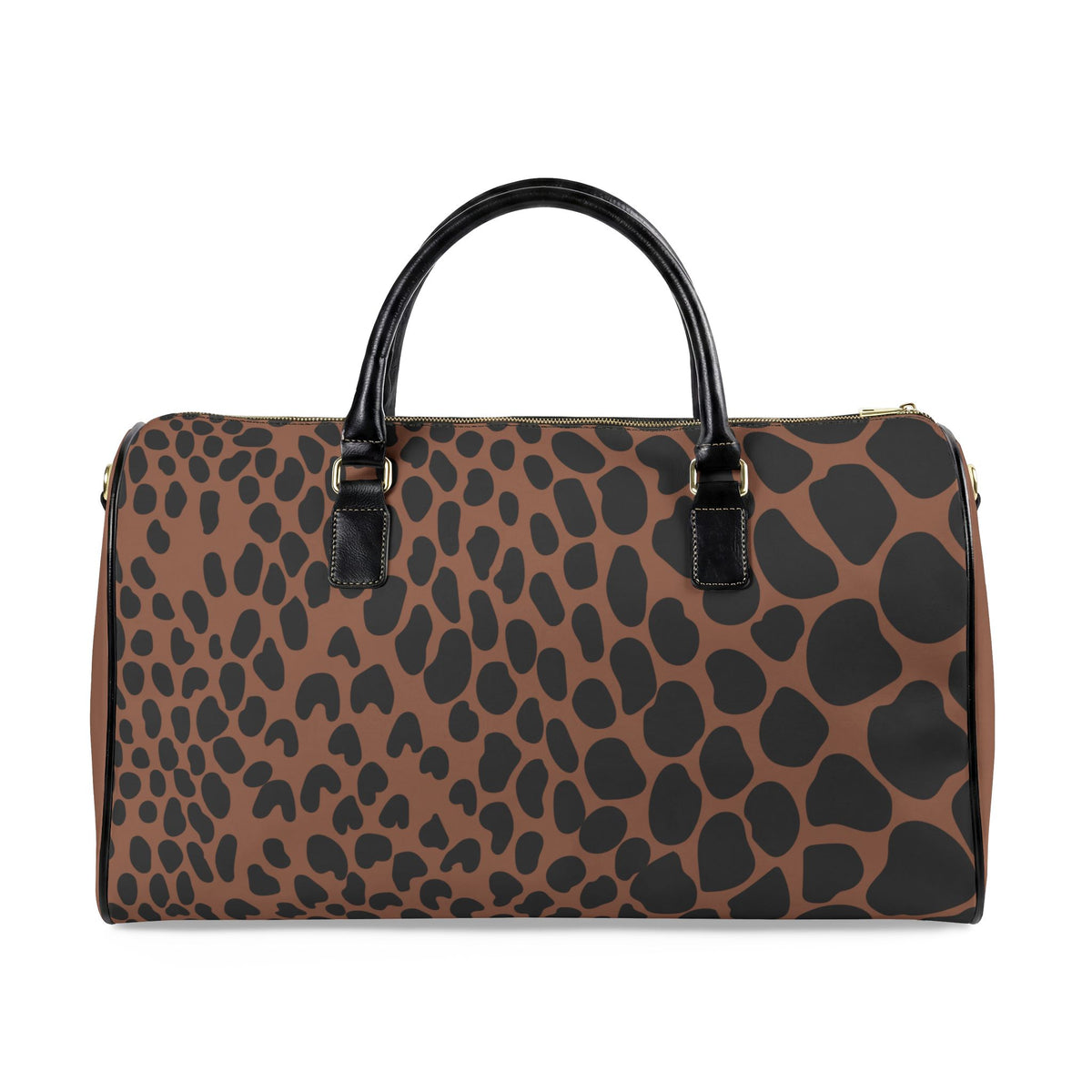 A brown and black leopard-print handbag with black leather top handles and gold-tone hardware, shown against a plain white background.