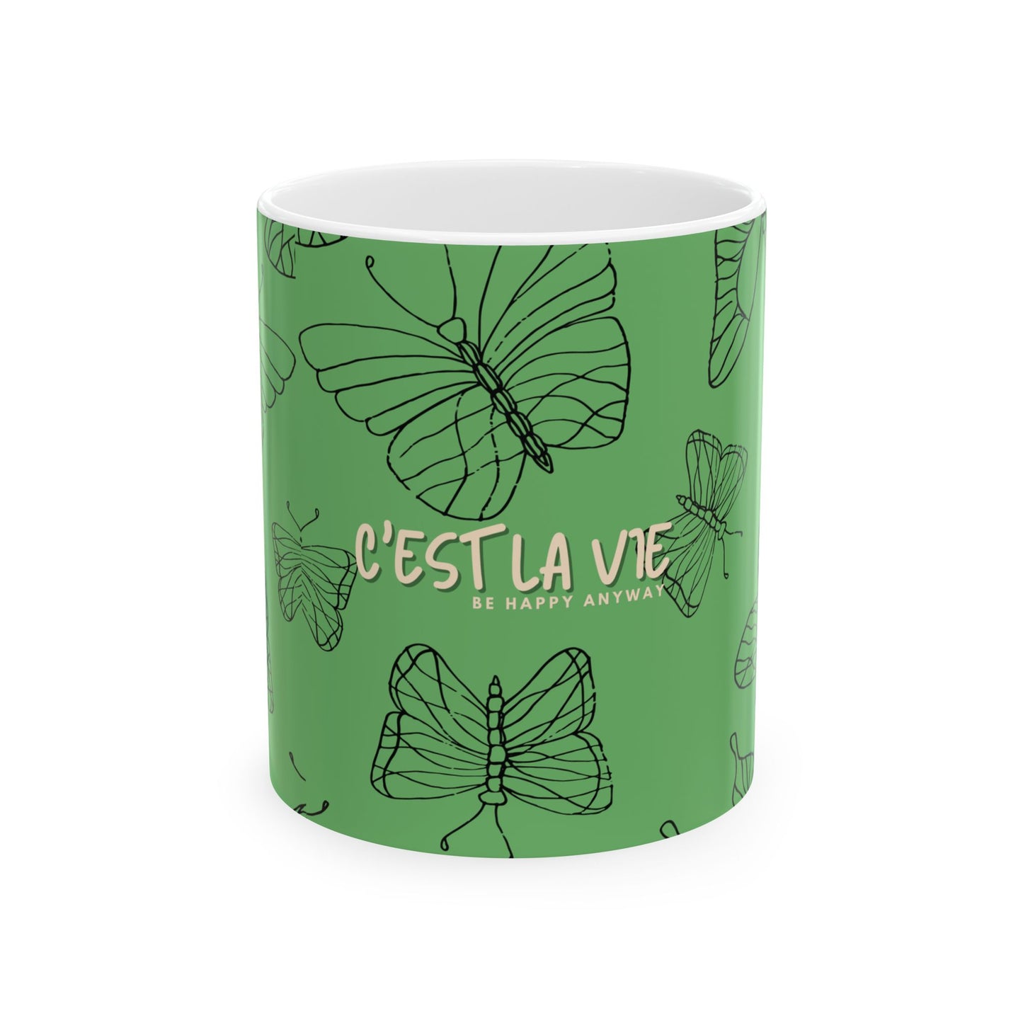 C'est la Vie 'Be Happy Anyway' Butterfly Ceramic Mug, GREEN - Encouragement Gift