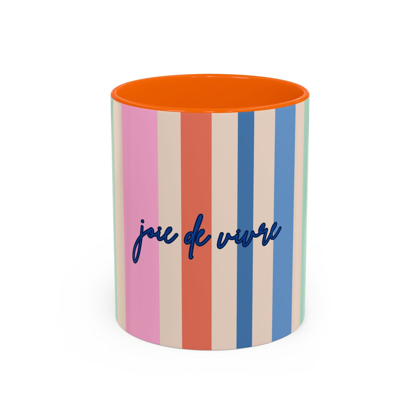 Colorful striped mug with 'joie de vivre' text on a white background