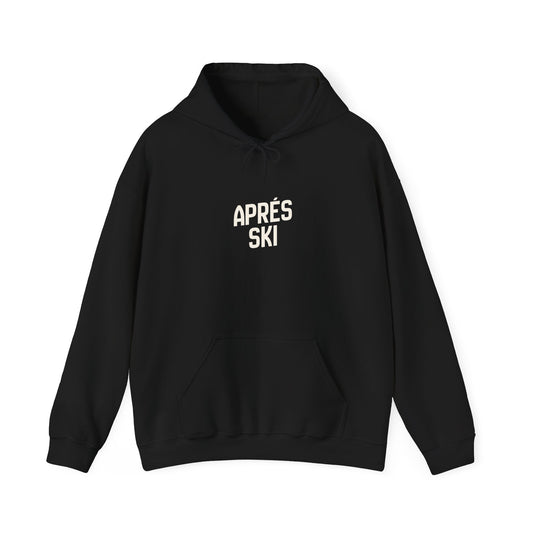 Black hoodie with 'APRèS SKI' text on a white background