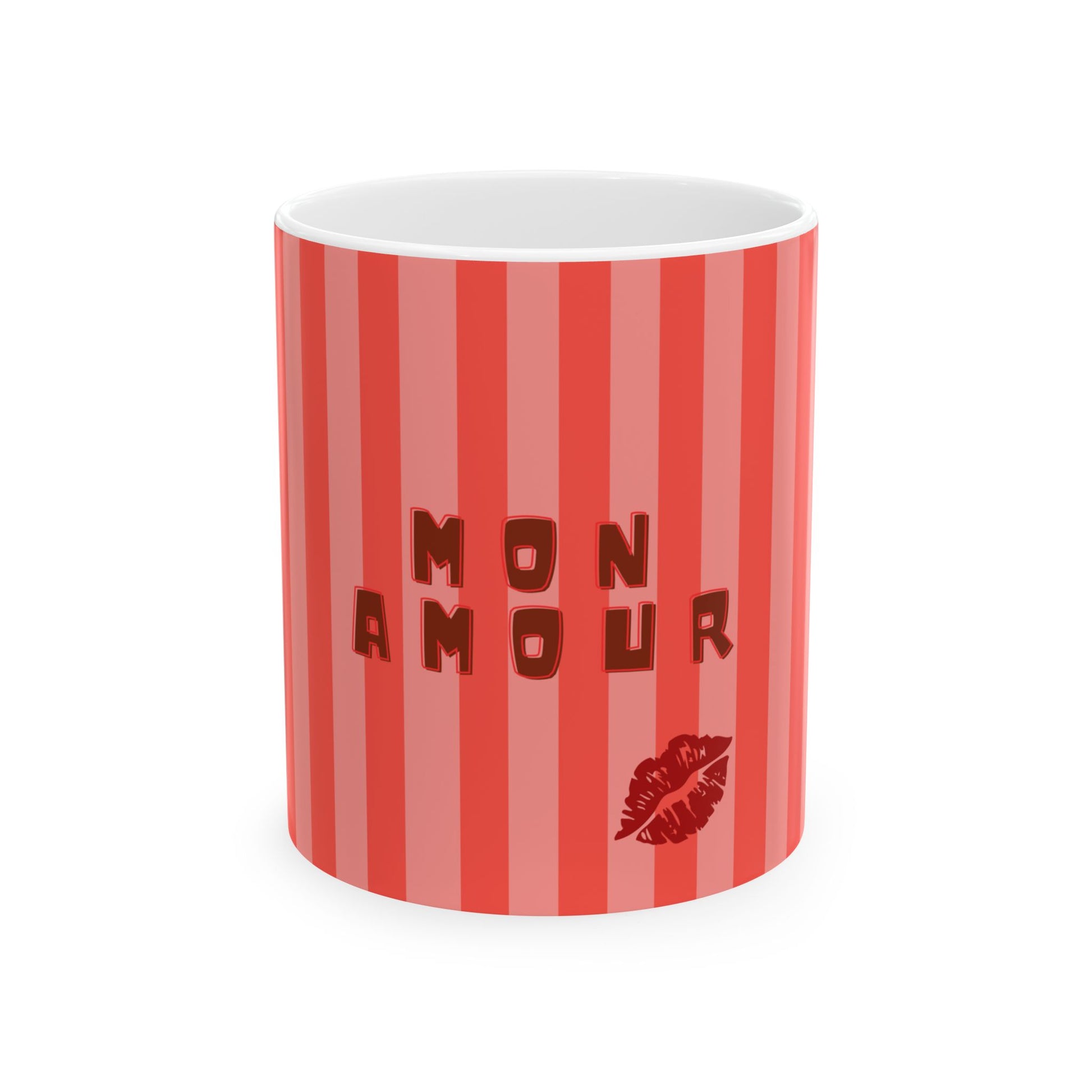 Mug with red and white striped pattern and 'MON AMOUR' text on a white background