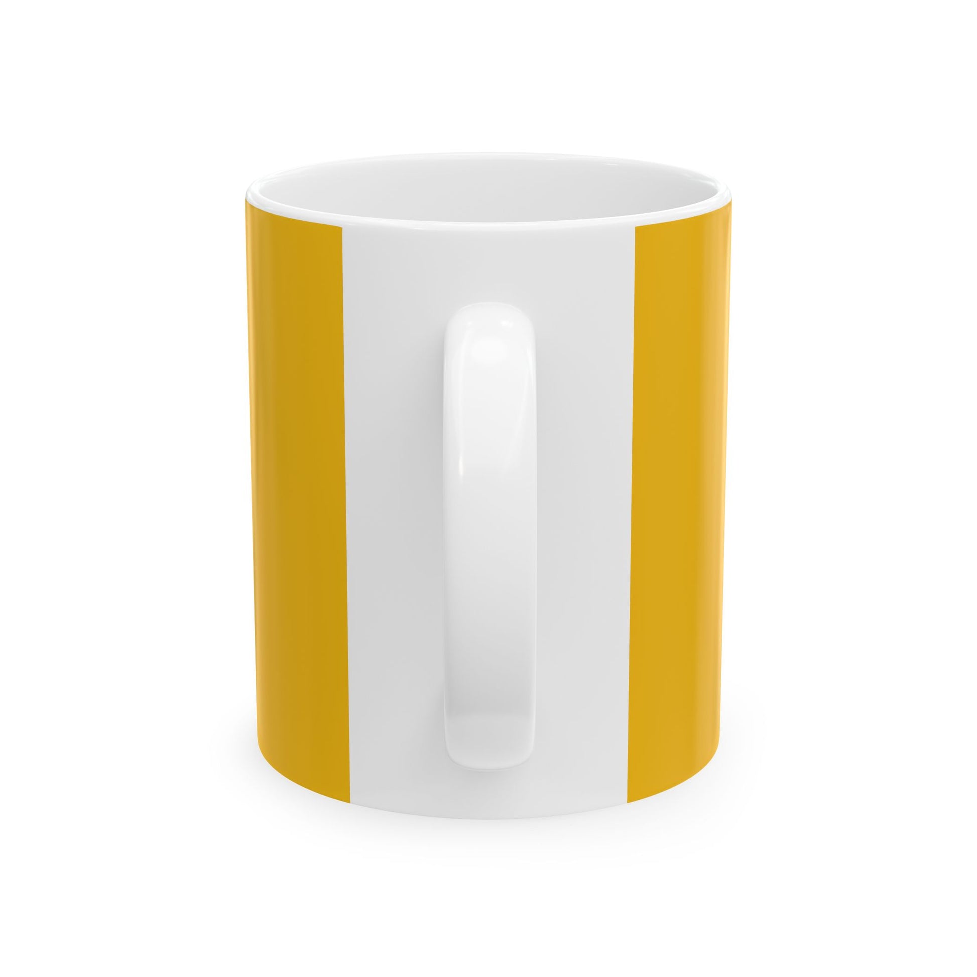 White mug with yellow stripes on a white background