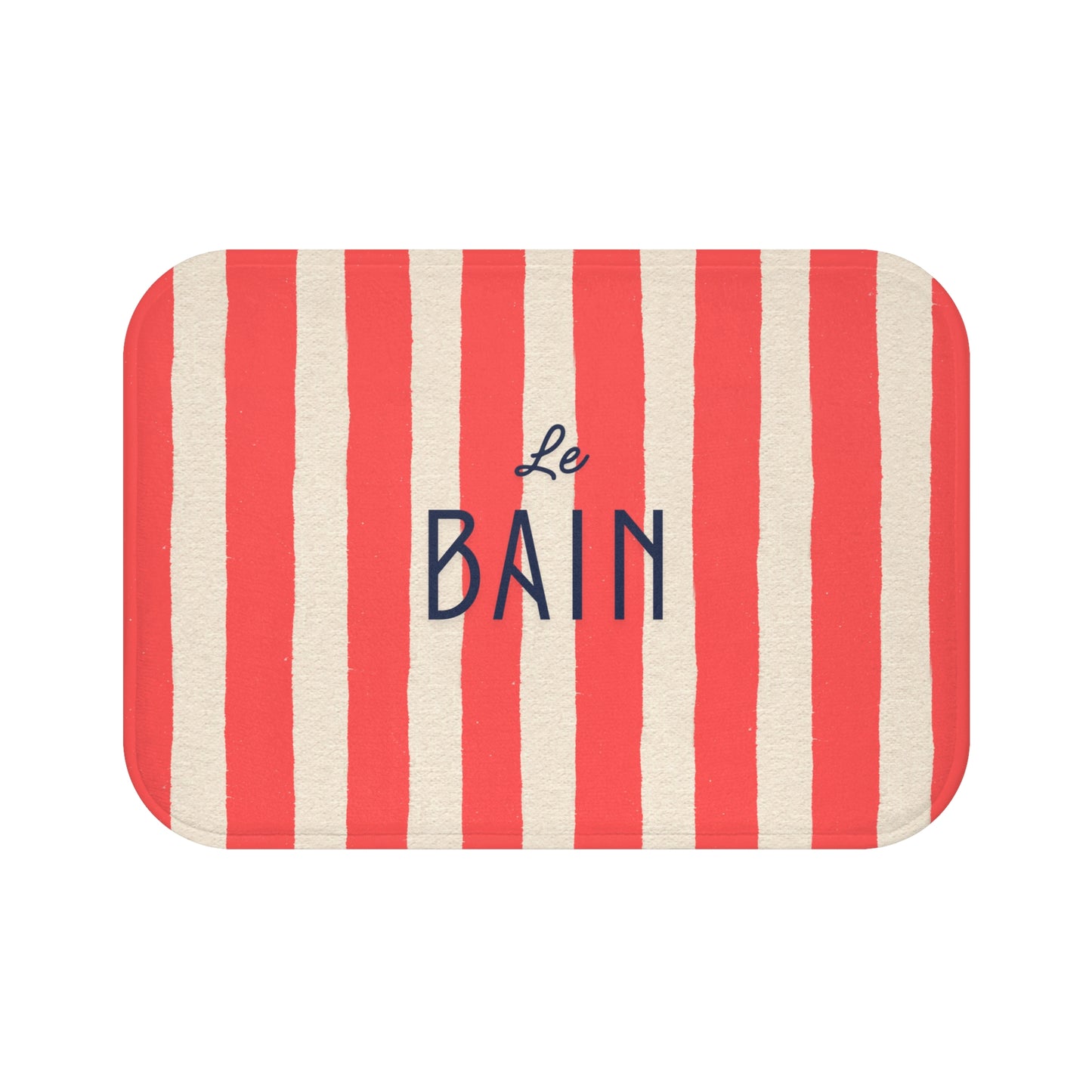 Striped mat with red and white horizontal stripes and 'Le Bain' text in blue on a white background