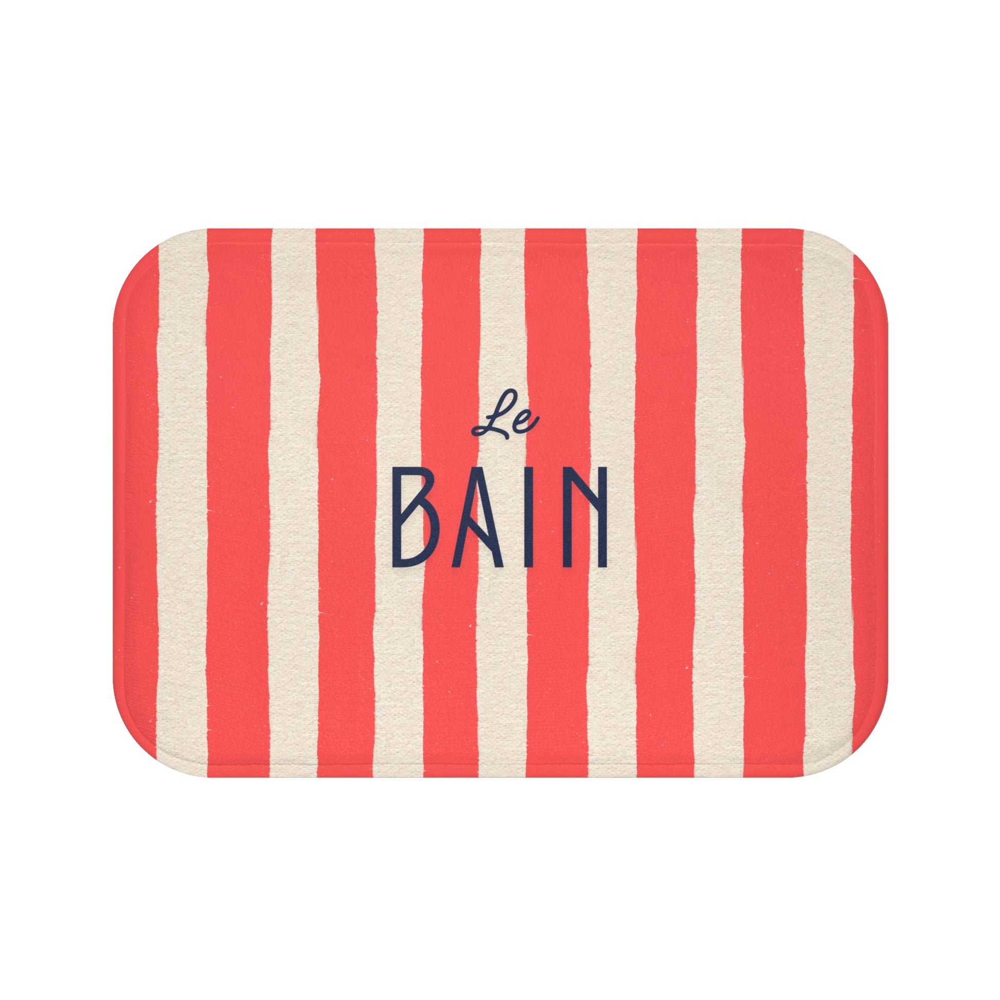 Striped mat with red and white horizontal stripes and 'Le Bain' text in blue on a white background