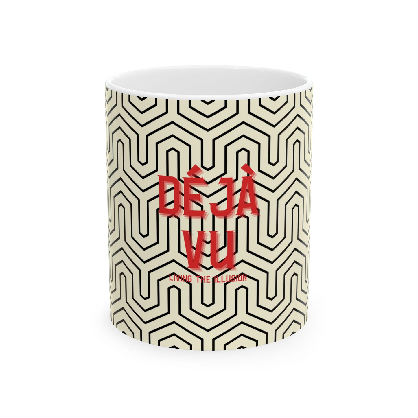 Coffee Mug with geometric pattern and 'Deja Vu' text on a white background