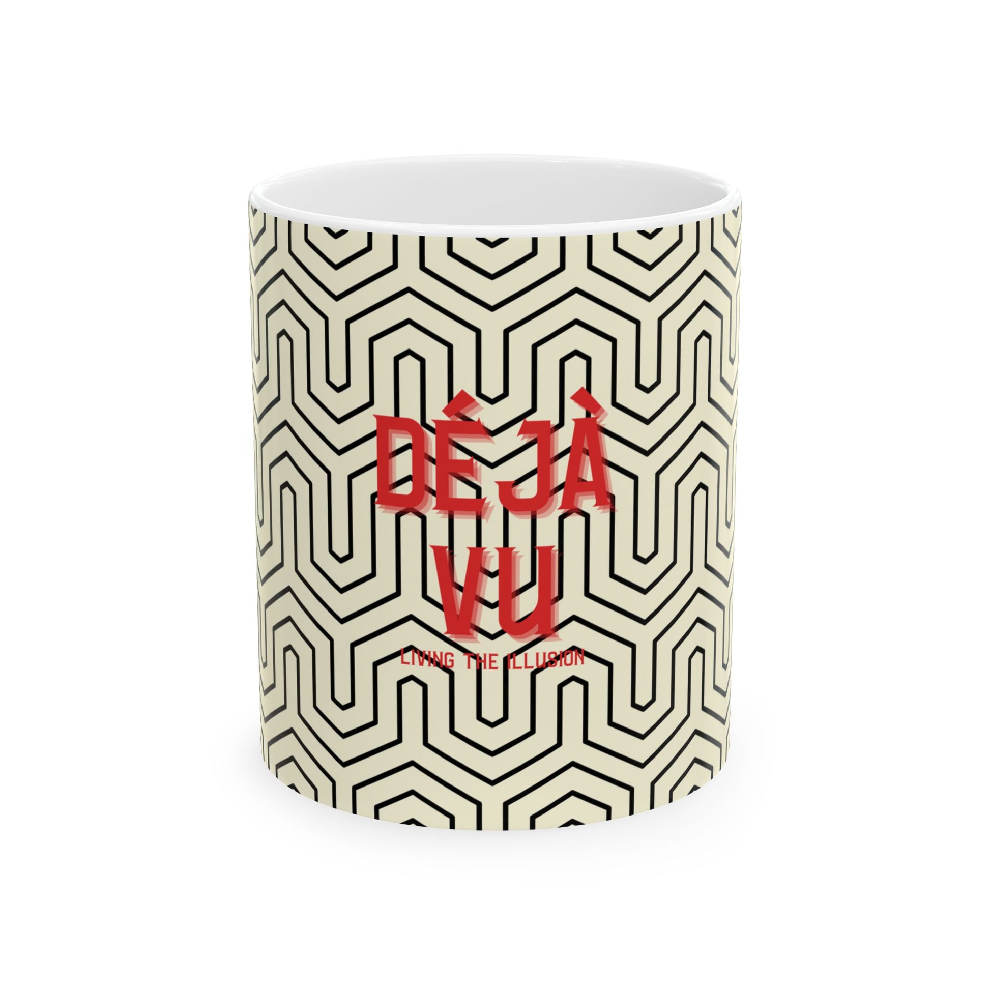 Coffee Mug with geometric pattern and 'Deja Vu' text on a white background