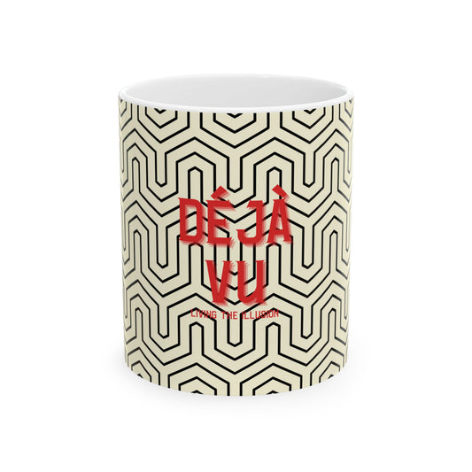 Coffee Mug with geometric pattern and 'Deja Vu' text on a white background