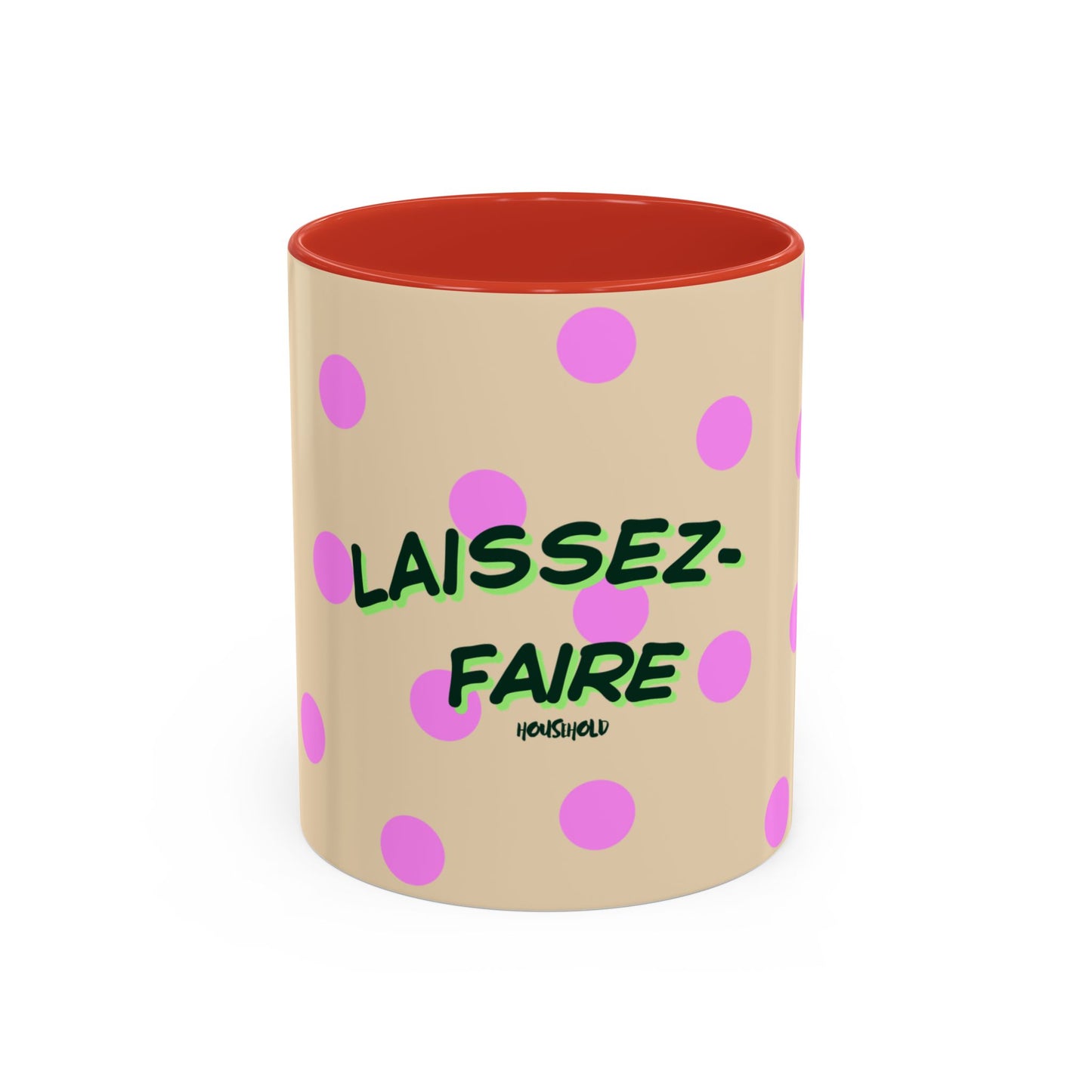 Beige mug with pink polka dots and green text on a white background