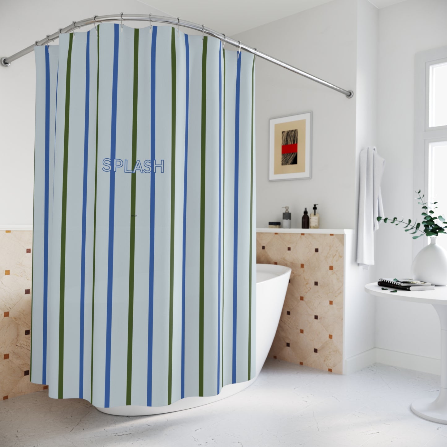 Striped shower curtain with 'Splash' branding in a bathroom setting