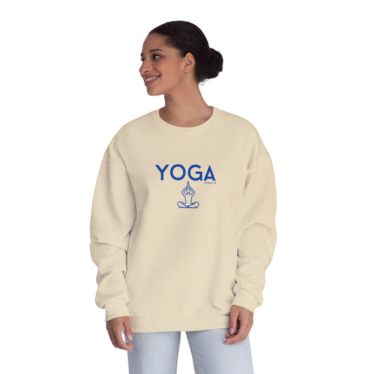 Woman wearing a beige sweatshirt with 'YOGA' text and logo on a white background