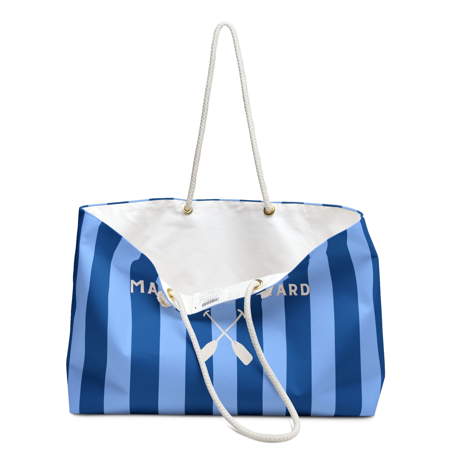 Blue and white striped bag with 'Mackintosh' branding on a white background