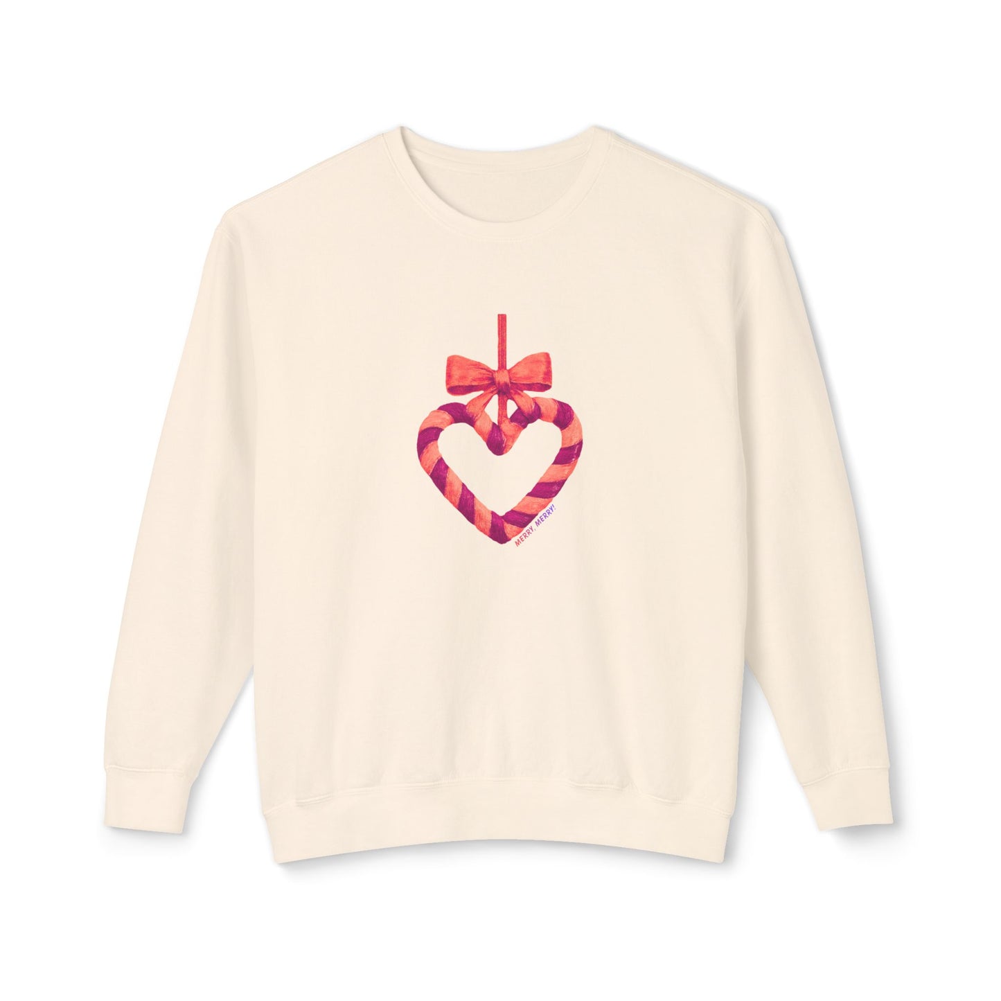 Beige sweater with a holiday heart and bow design
