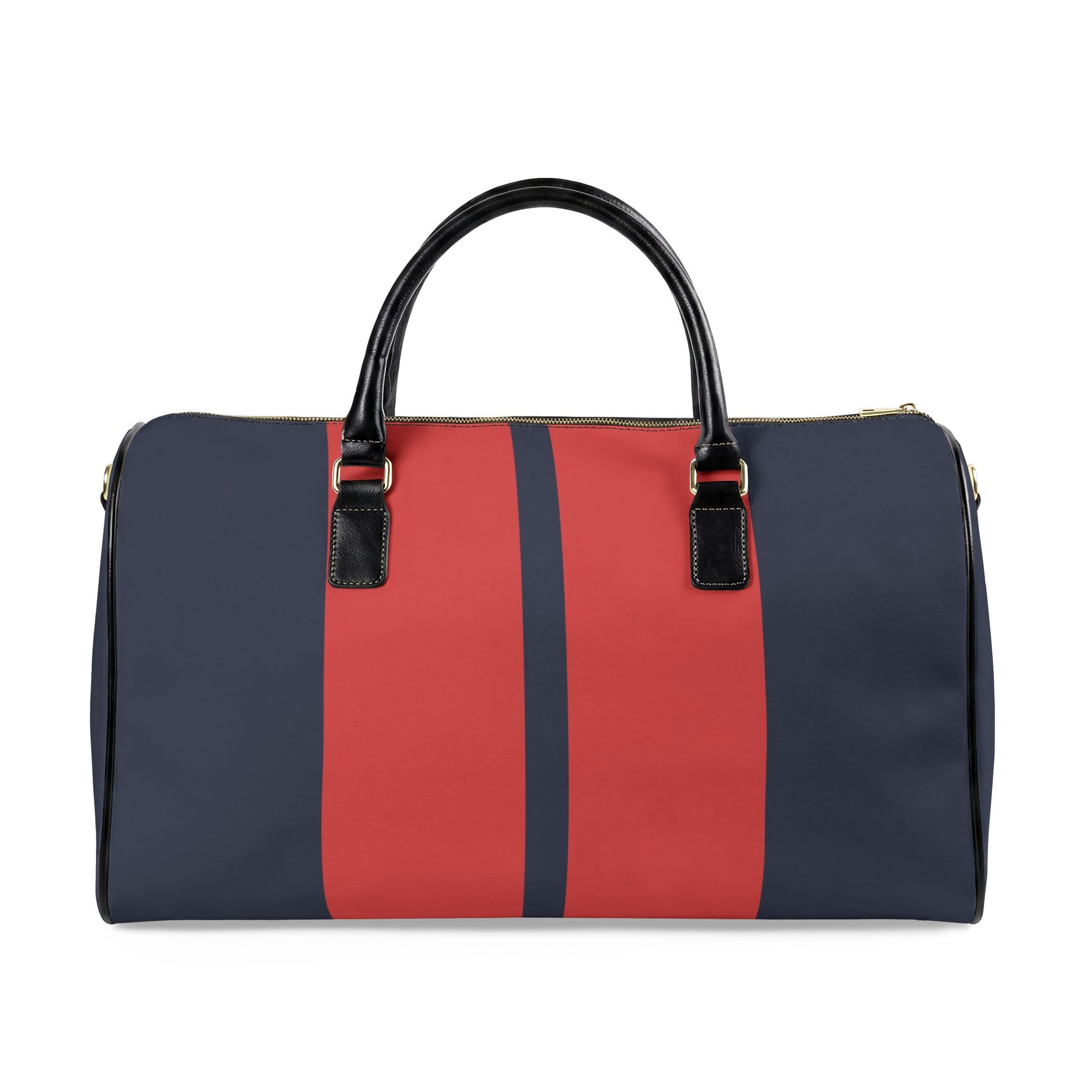 Navy and red striped duffel bag on a white background