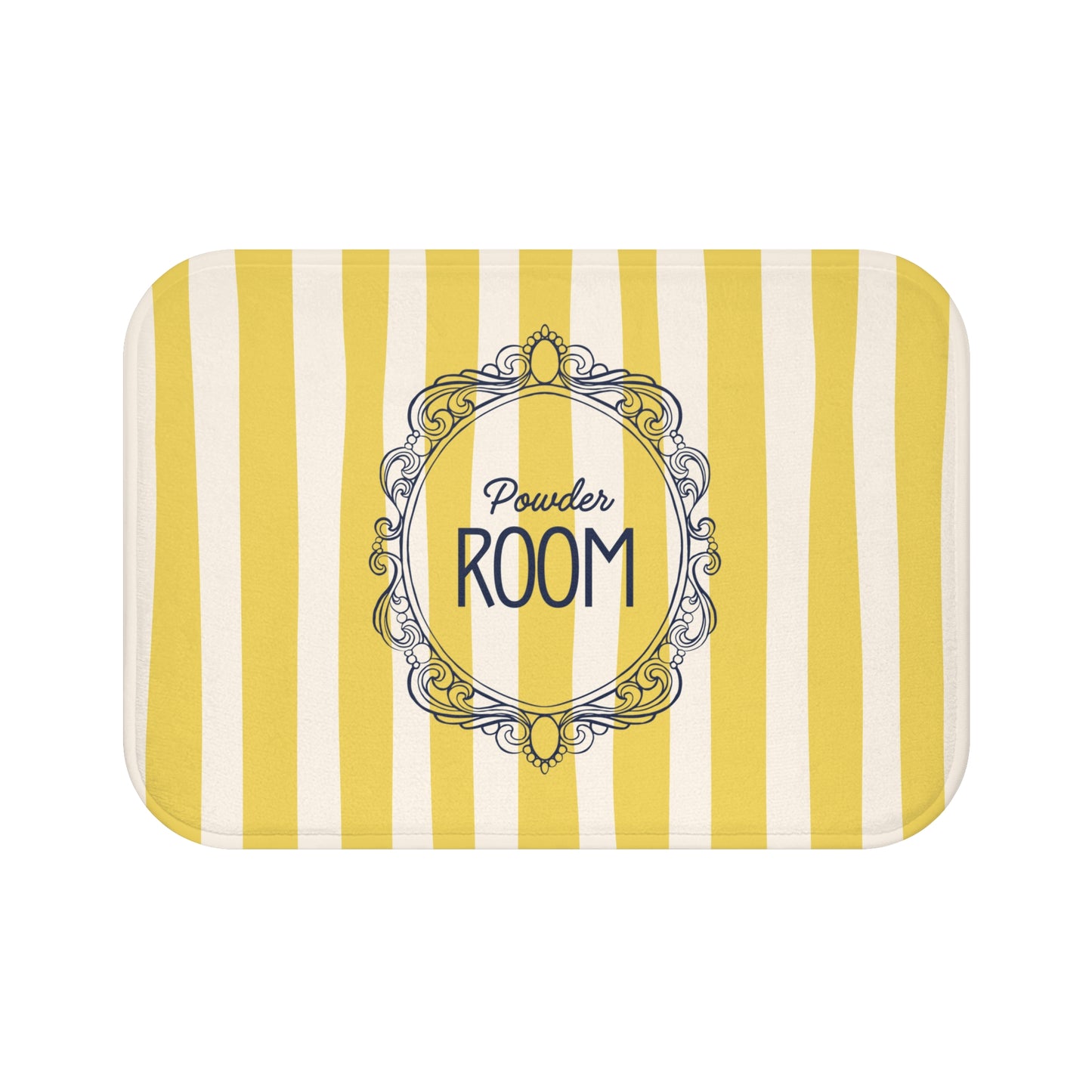 Rectangular bath mat with yellow and white stripes and 'Powder Room' text in the center.