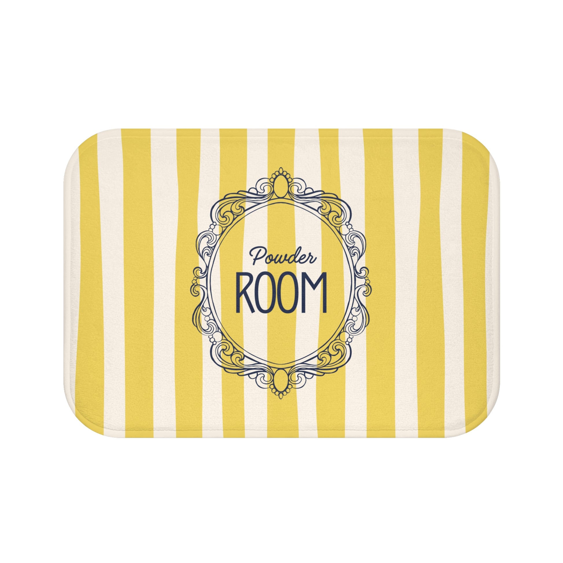 Rectangular bath mat with yellow and white stripes and 'Powder Room' text in the center.