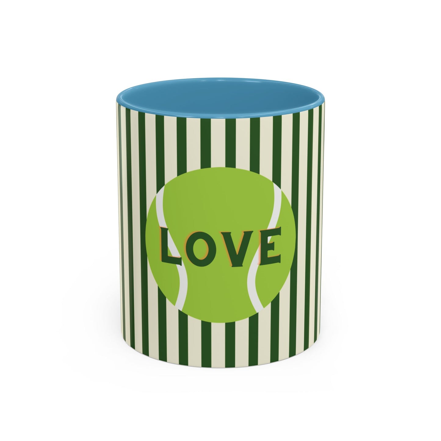 Cylindrical container with green striped pattern and tennis ball design featuring the word 'LOVE'.