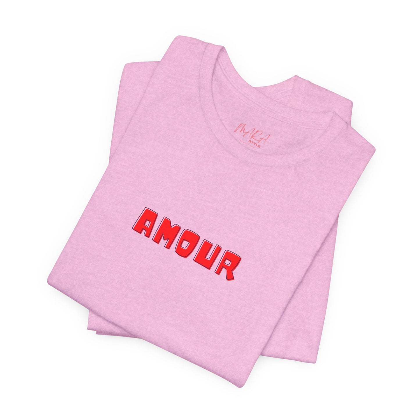Pink t-shirt with 'AMOUR' printed in red on a white background