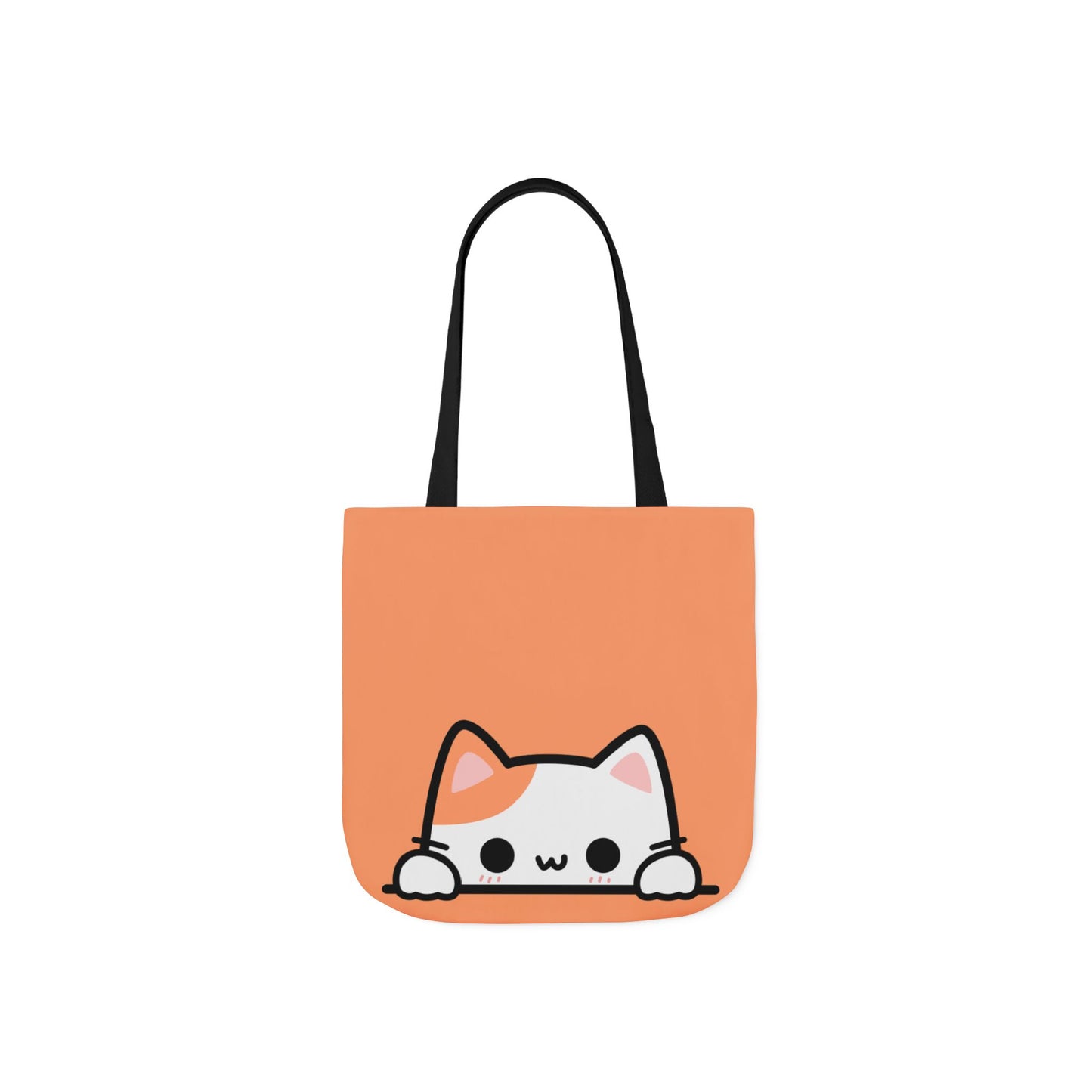 Orange tote bag with a cute cat illustration on a white background