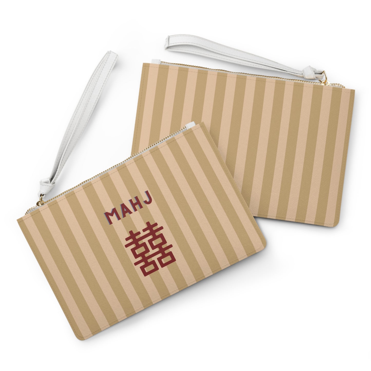 Two beige and tan striped wristlet pouches with white wrist straps, shown on a clean white background. The front pouch features the personalized name 'MAHJ' in dark red and a Chinese double happiness symbol in red.