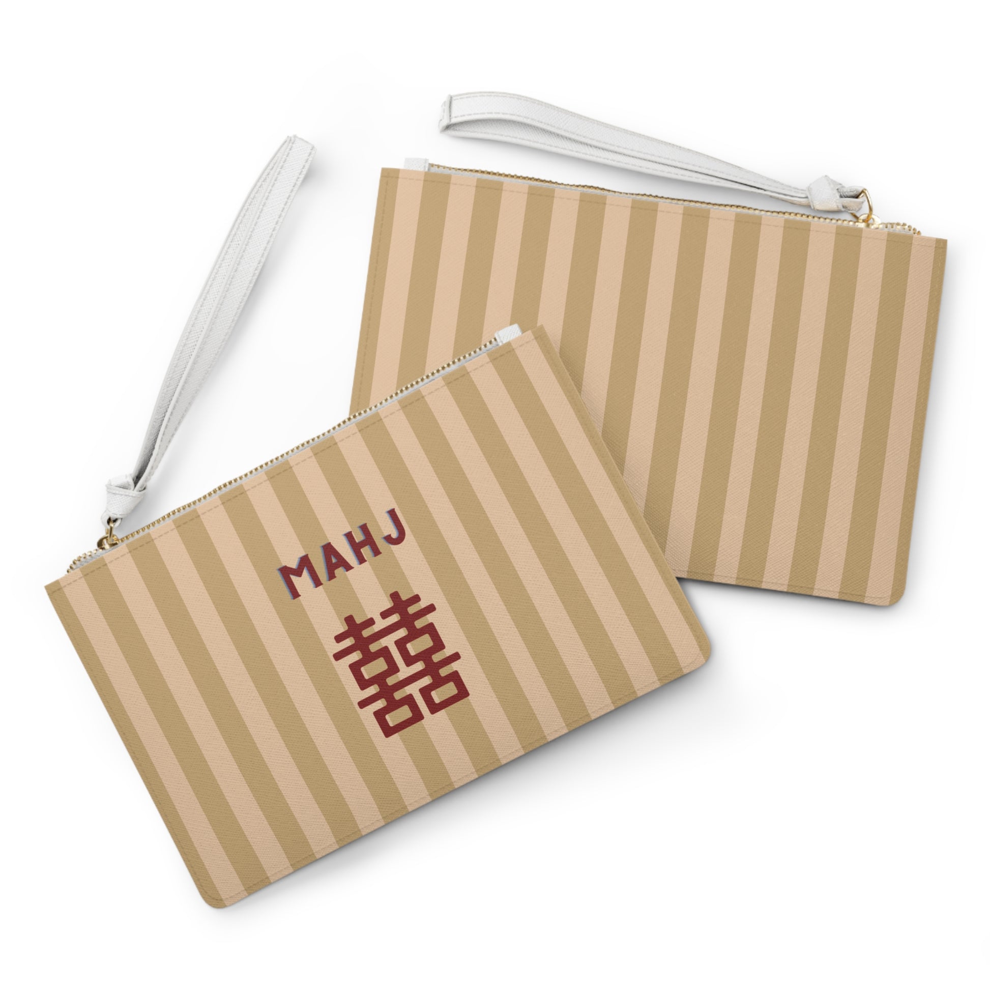 Two beige and tan striped wristlet pouches with white wrist straps, shown on a clean white background. The front pouch features the personalized name 'MAHJ' in dark red and a Chinese double happiness symbol in red.
