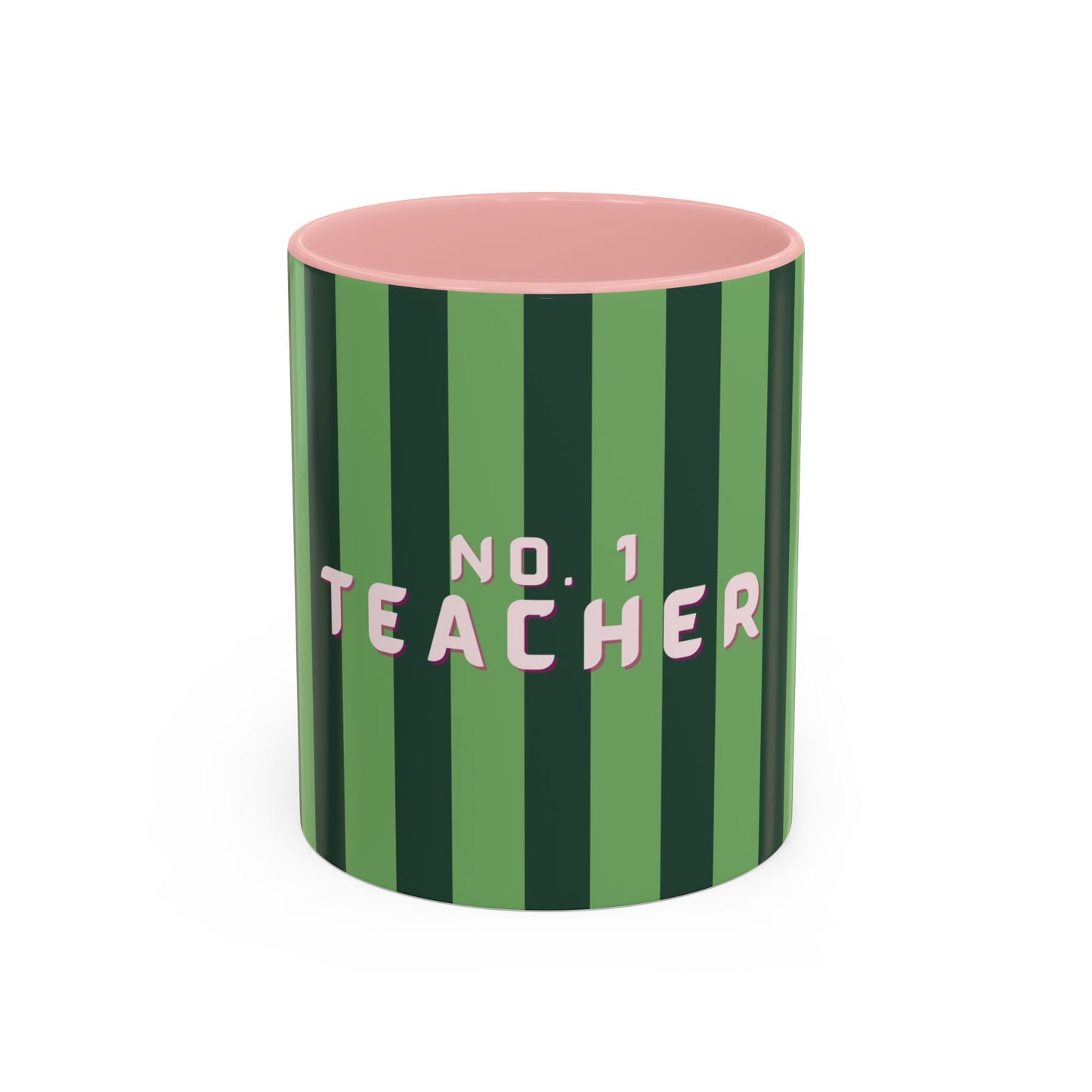 Green striped mug with pink interior and 'No. 1 Teacher' text on a white background