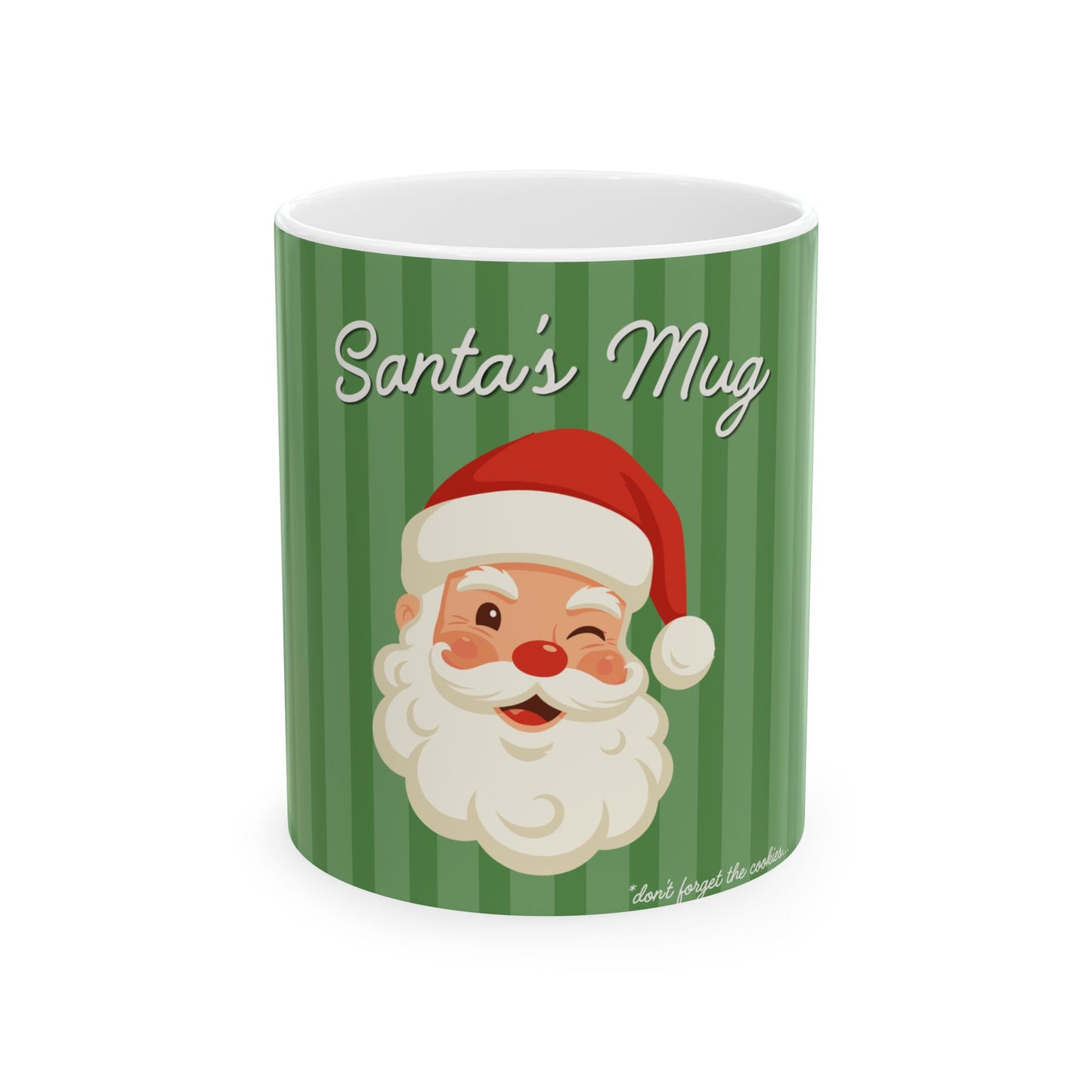 A white ceramic mug featuring a green and white striped design with a cartoon illustration of Santa's face and the text 'Santa's Mug' on the front.