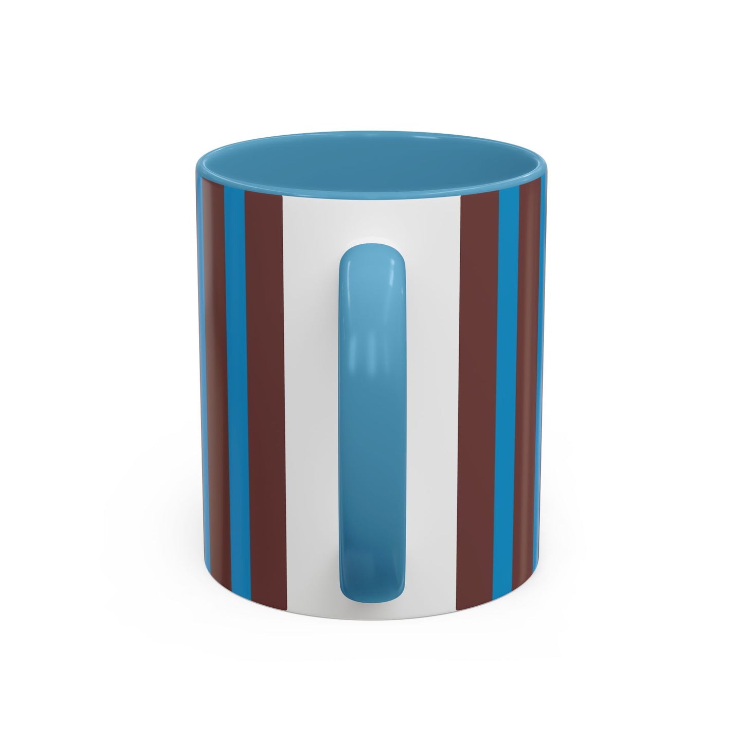 Cylindrical container with blue, brown, and white stripes on a white background
