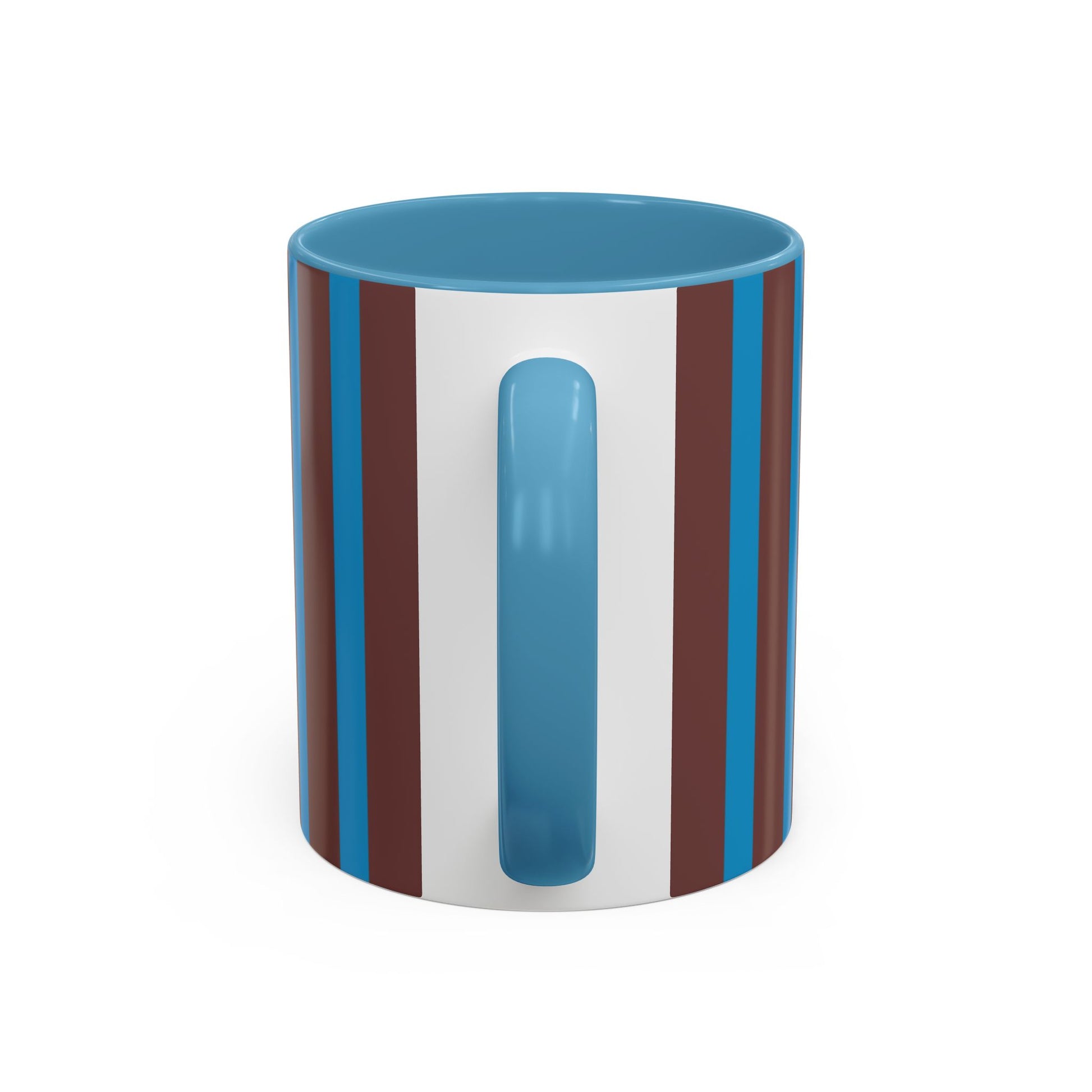 Cylindrical container with blue, brown, and white stripes on a white background