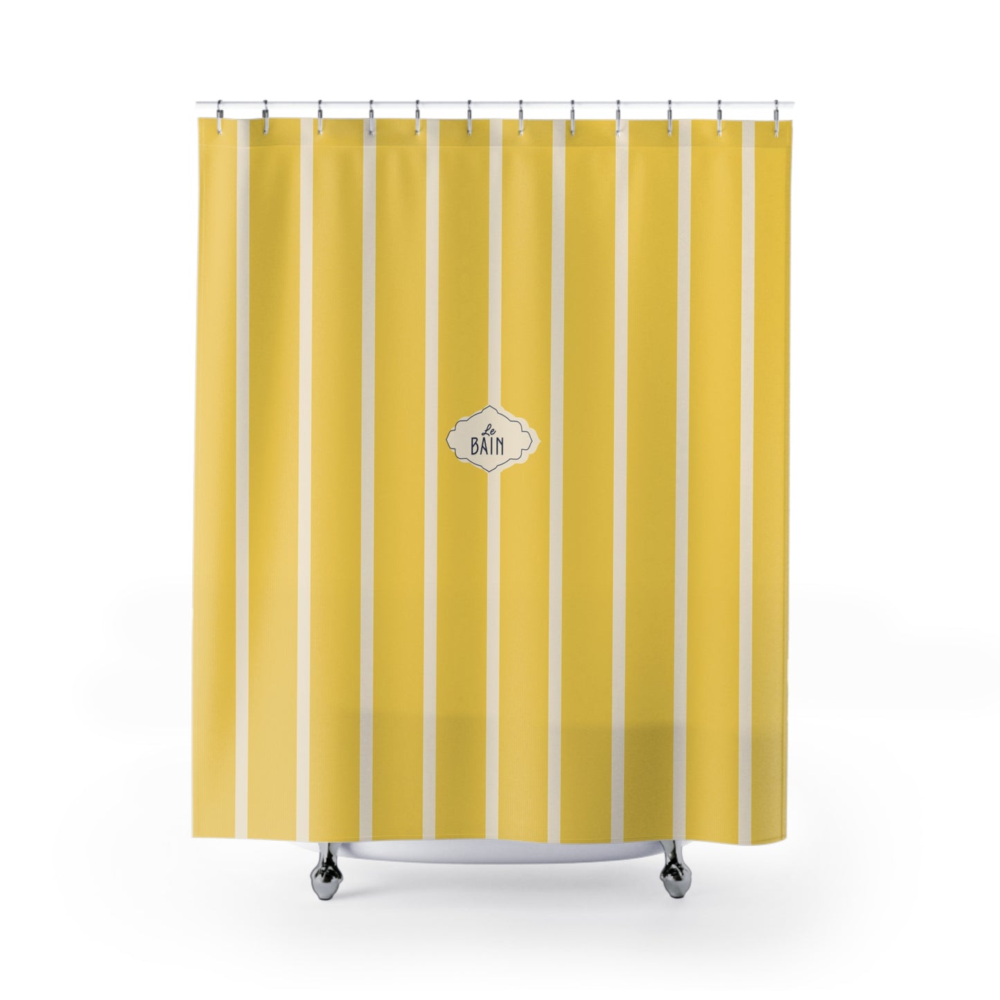 A yellow shower curtain with vertical white stripes and a central decorative label reading 'A BATH', shown hanging over a white bathtub against a light gray studio background.