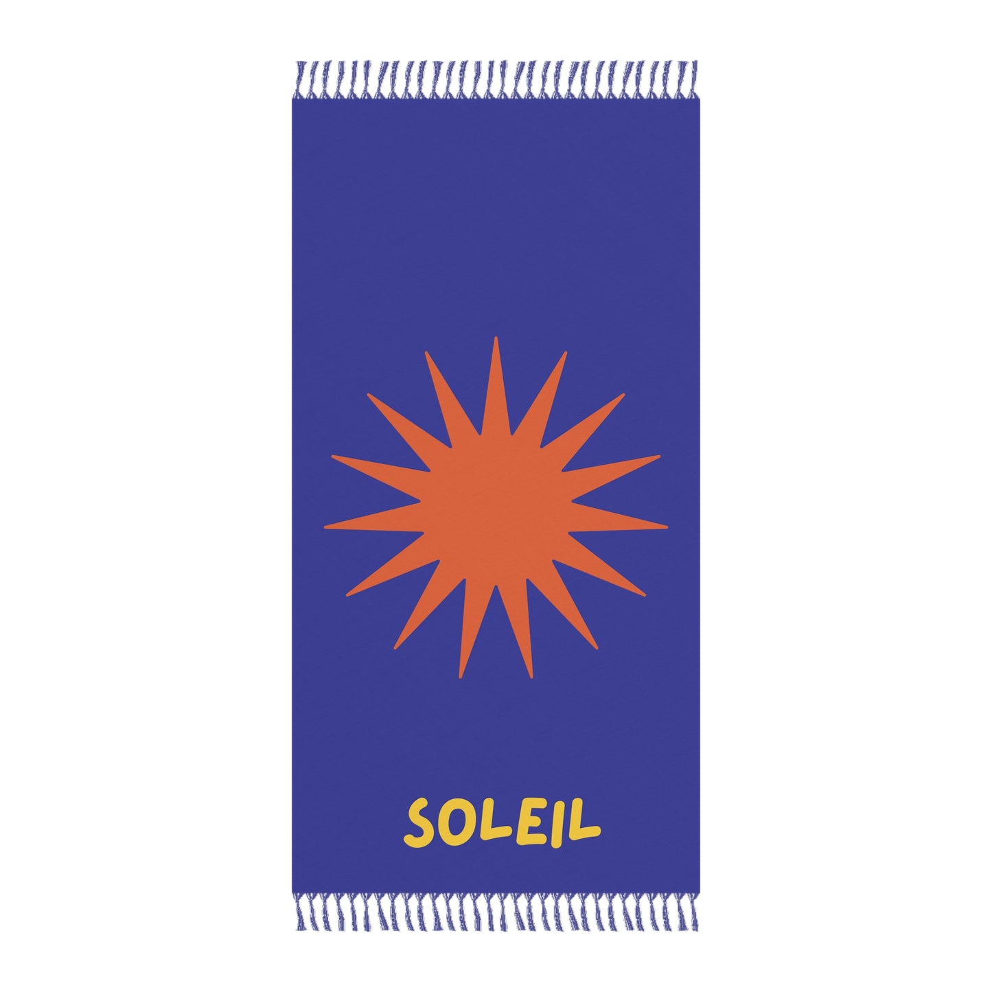 Blue towel with orange sun design and yellow 'Soleil' text on a white background