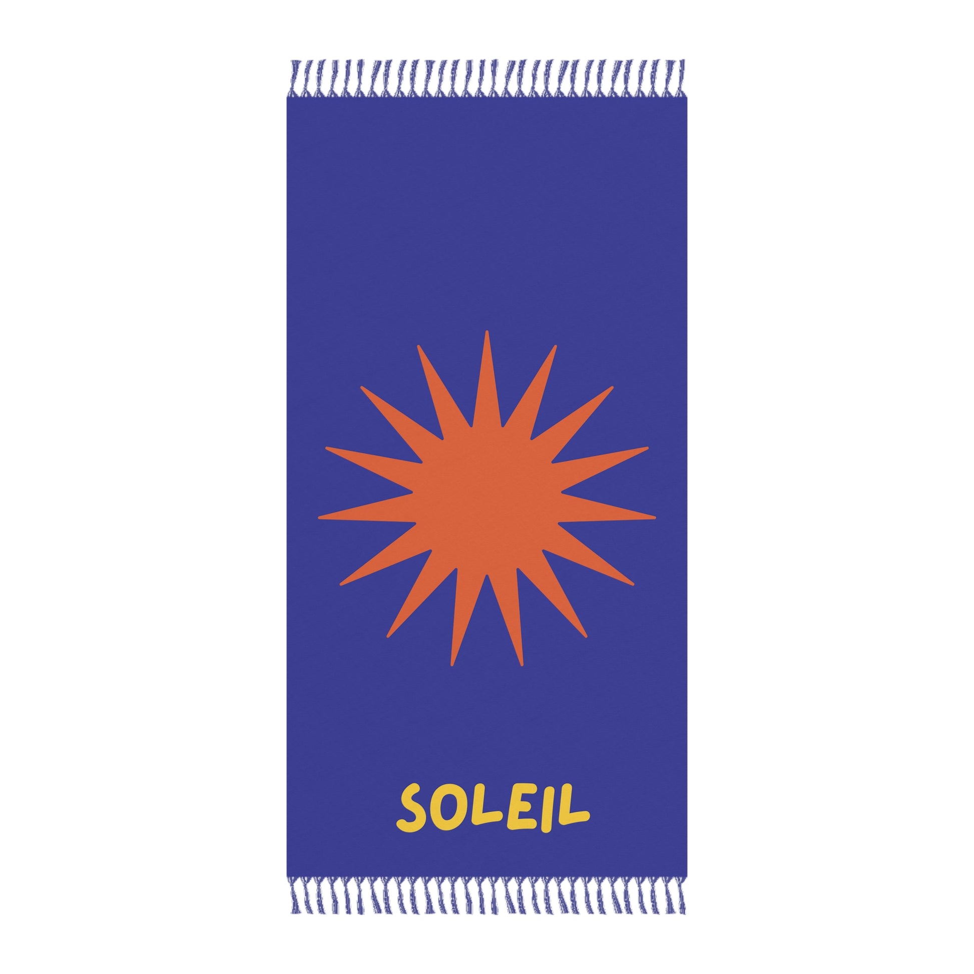Blue towel with orange sun design and yellow 'Soleil' text on a white background