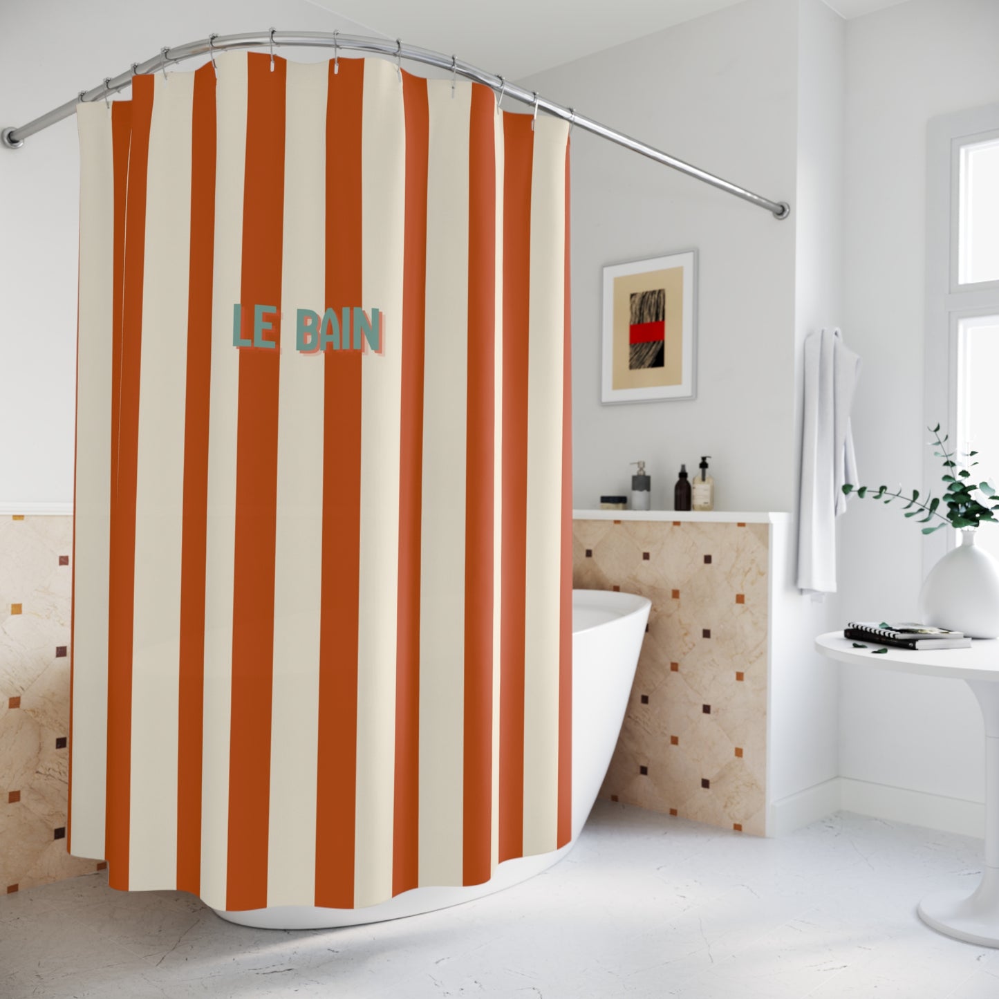 Striped 'Le Bain' Shower Curtain – Terracotta & Cream Bathroom Decor