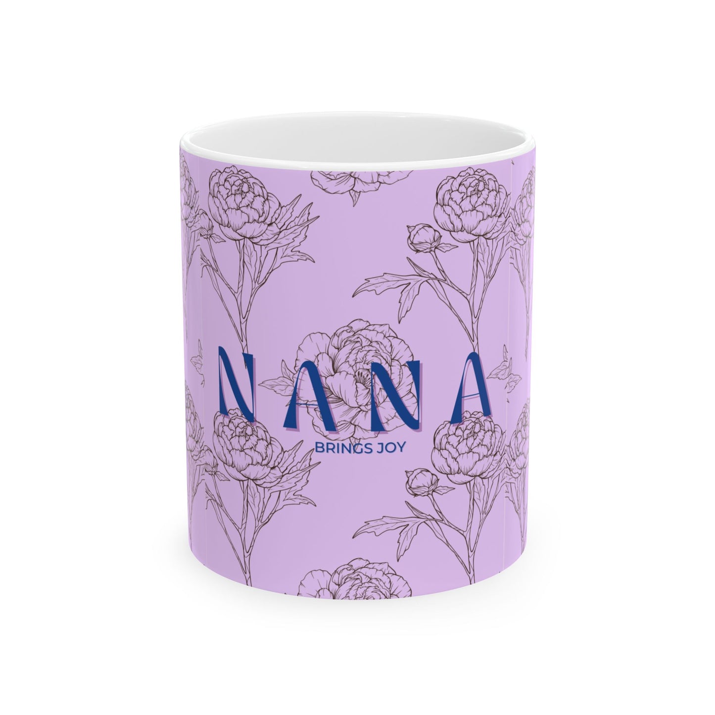 Mug with floral design and 'Nana Brings Joy' text on a white background