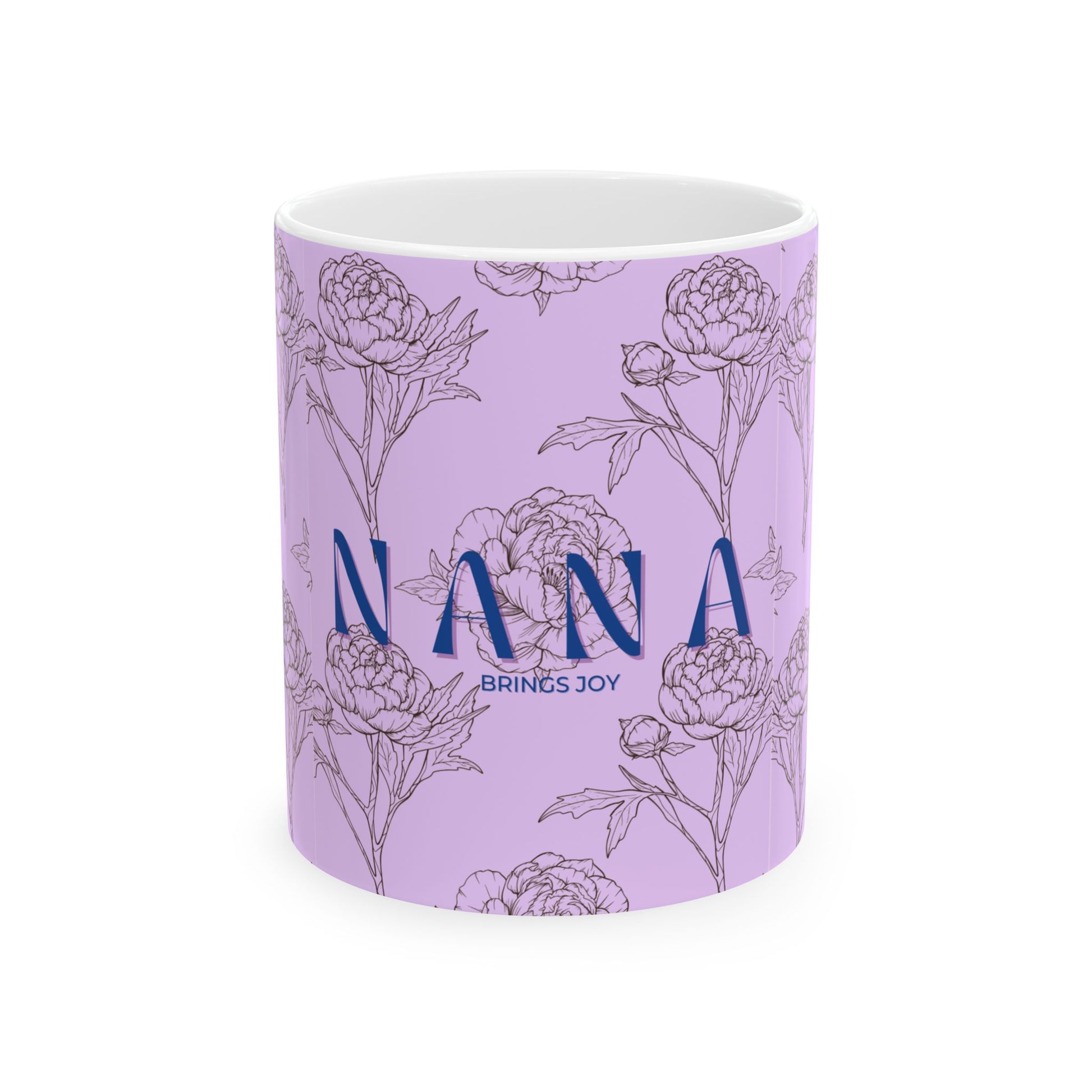 Mug with floral design and 'Nana Brings Joy' text on a white background