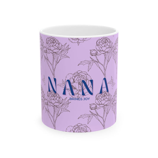 Mug with floral design and 'Nana Brings Joy' text on a white background