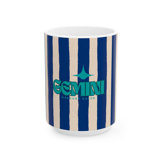 Mug with blue and white striped pattern and 'Gemini' branding on a white background
