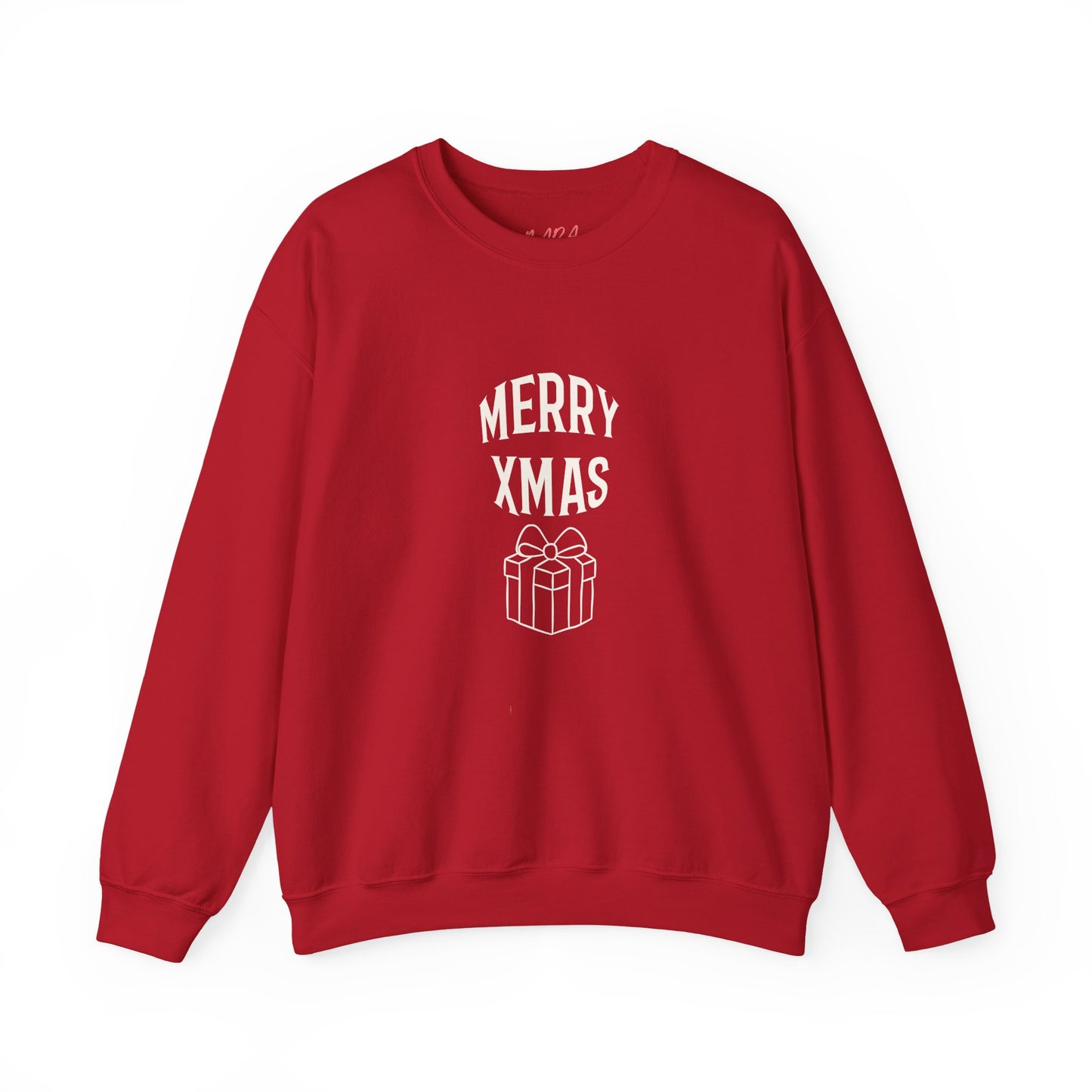 Red sweatshirt with 'Merry Xmas' and gift graphic on a white background
